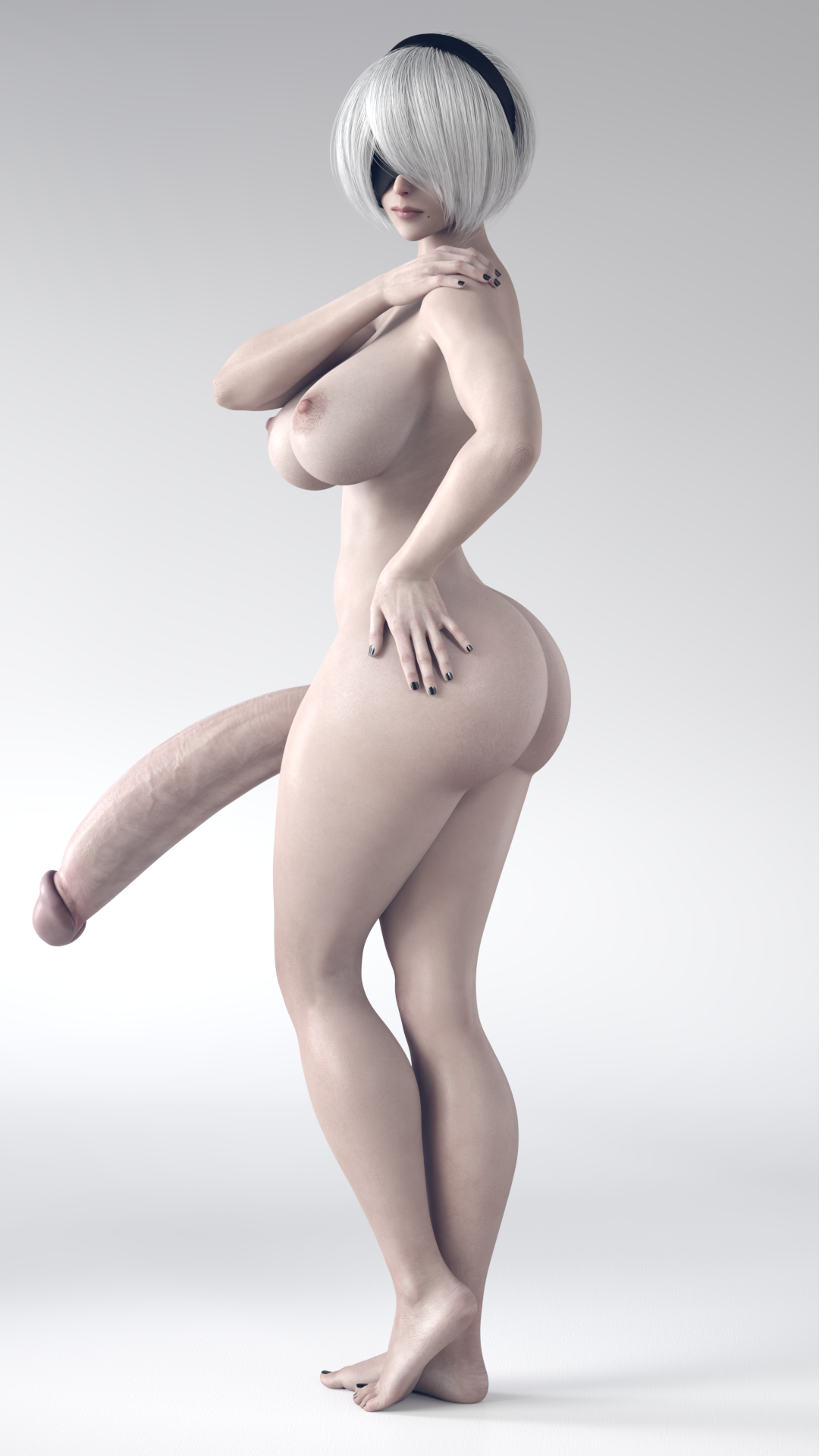 1futa, 3d, areolae, ass, big ass, big breasts, blindfold, breasts, futa only, futanari, hairband, huge cock, hyper, hyper penis, light skin, light-skinned futa, long penis, nier, nier: automata, nipples, nude, nude futa, penis, short hair, solo, stevencarson, white hair, yorha 2b
