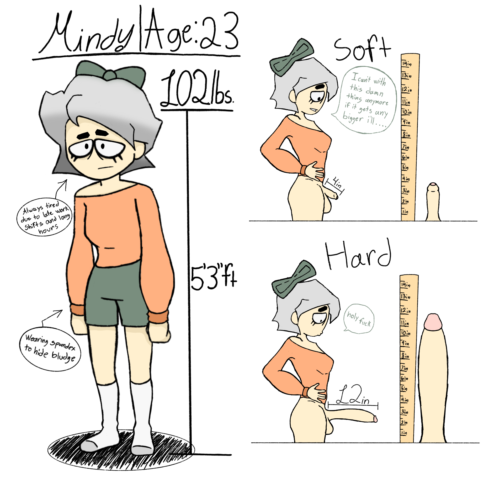 1futa, big penis, bottomless, clothed, clothing, erection, flaccid penis, futa on female, futa only, futanari, gradient hair, grey hair, grower not a shower, hard cock, huge cock, human, light skin, measurements, measuring penis, mindy (zepender), original, original character, partially clothed, penis, ruler, small breasts, small but hung, small penis, small waist, smaller female, solo, standing, text, uncensored, zepender