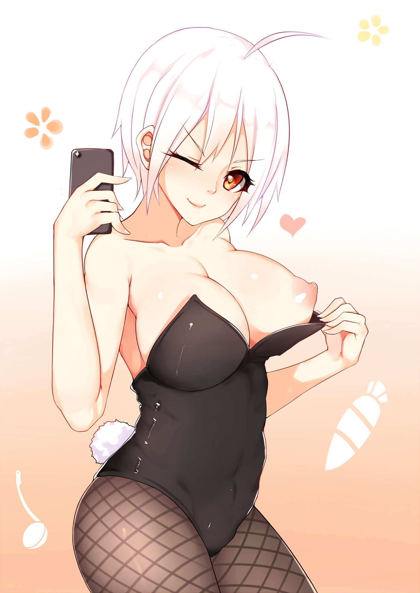 1girls, blush, breasts, bunny girl, bunny tail, bunnysuit, cellphone, female, fishnet pantyhose, fishnets, hanami dango (zzldango), highres, nakiri alice, nipples, one eye closed, pantyhose, phone, red eyes, shokugeki no souma, short hair, silver hair, simple background, smile, solo, tail, white hair, white-haired female