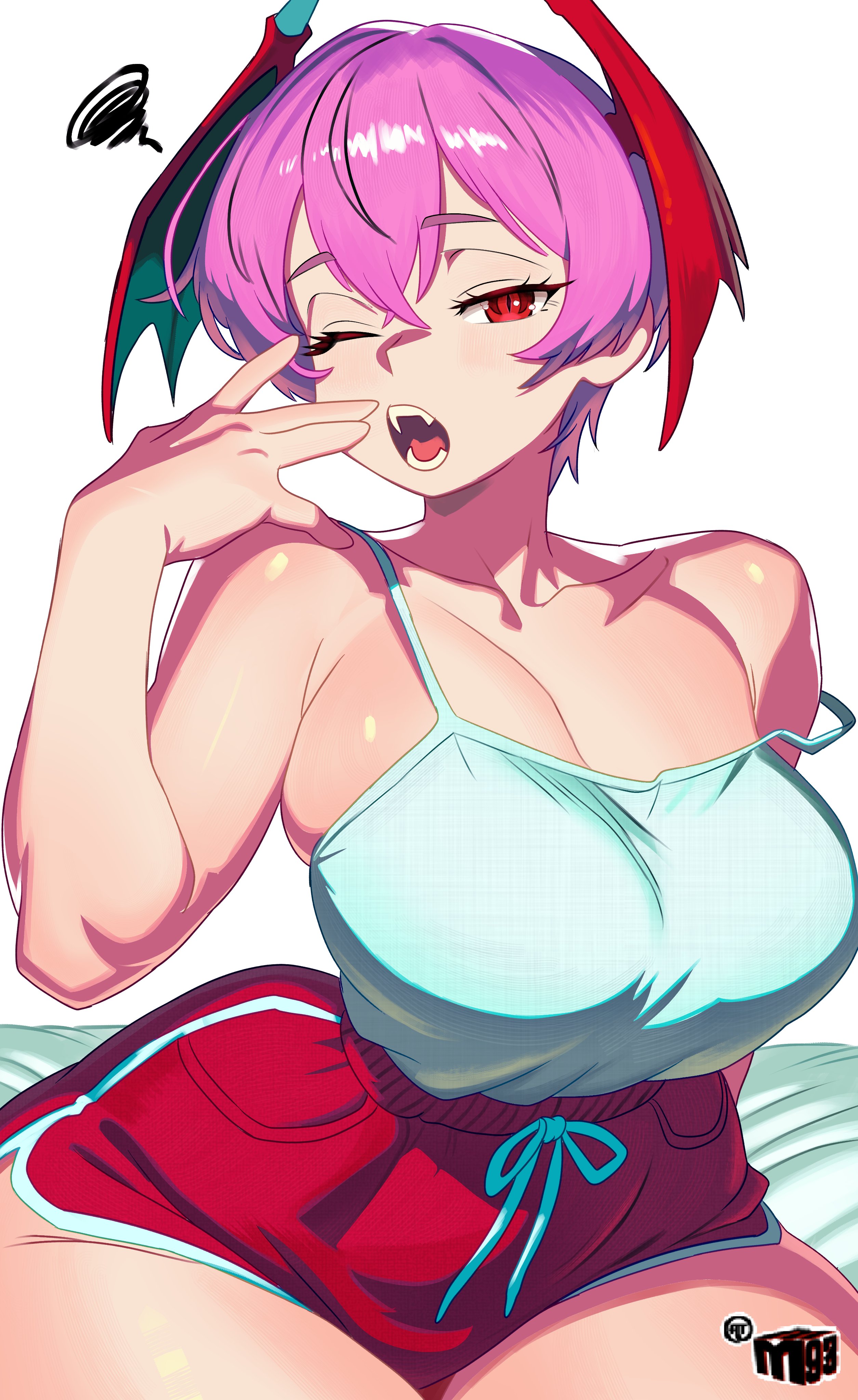 bare shoulders, cleavage, collarbone, darkstalkers, female, female only, head wings, large breasts, lilith aensland, mewmaster93, one eye closed, pink hair, red eyes, short hair, short shorts, signature, simple background, spoken squiggle, succubus, thighs, tired, white background