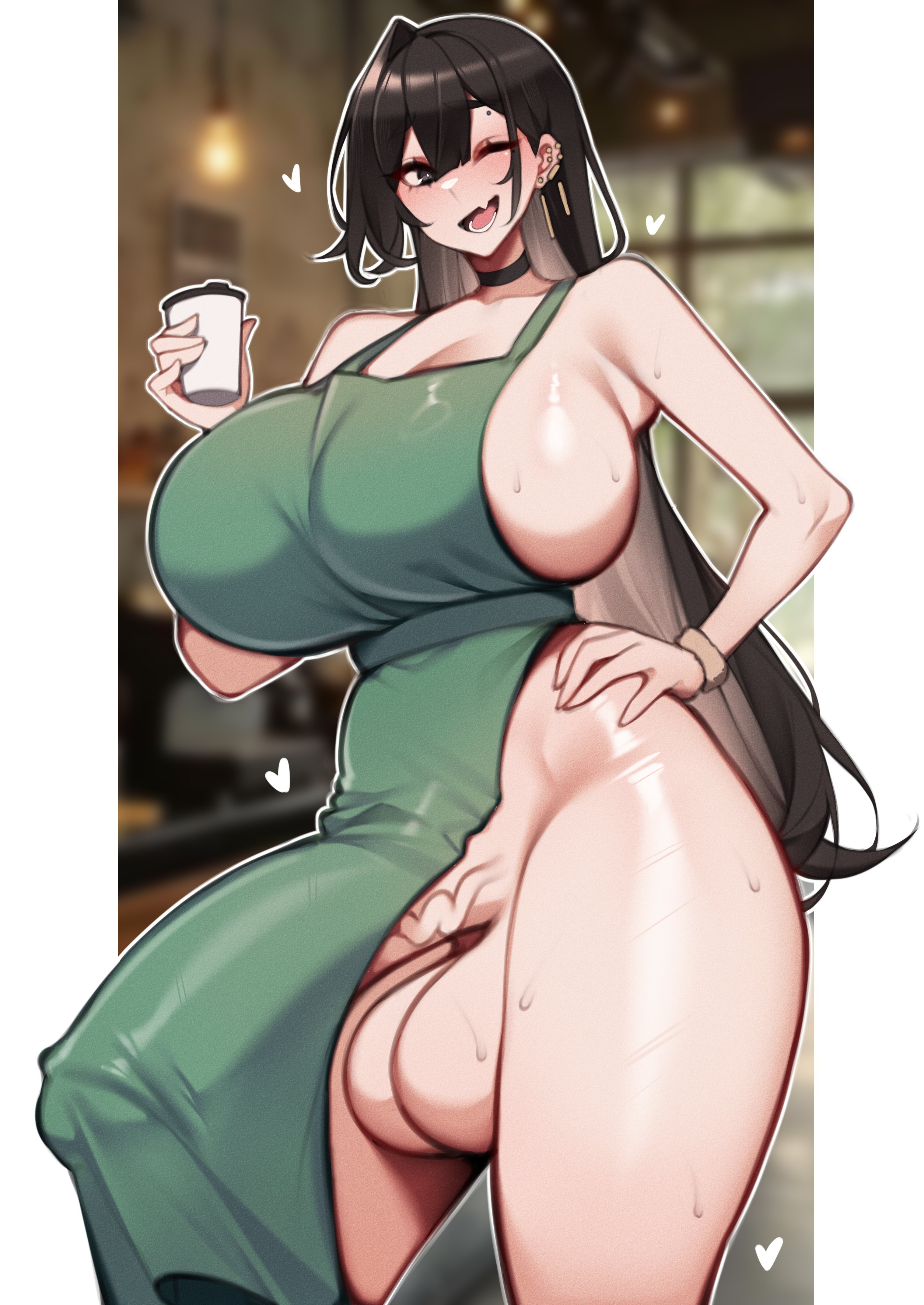 apron, apron only, barista, black hair, erection under apron, futa only, futanari, holding drink, huge breasts, huge cock, niwada (unbeller), original, solo, solo futa, standing, unbeller