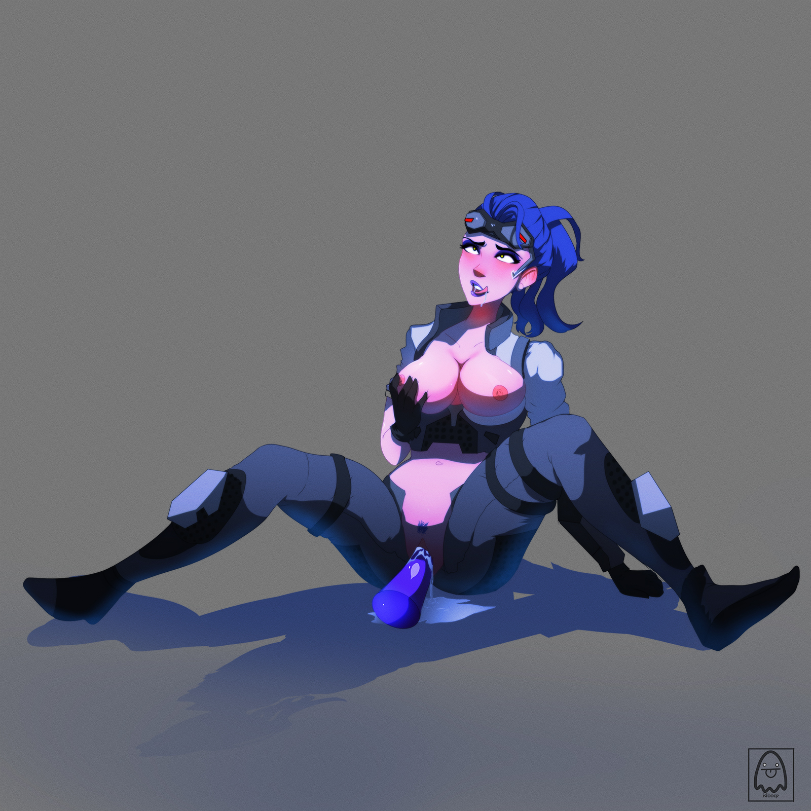 1girls, ahe gao, alternate costume, areolae, artist name, ass, blizzard entertainment, blue hair, boots, breast grab, breasts, dildo, female, female only, gloves, groping, highres, insertion, jacket, large breasts, long hair, masturbation, navel, nipples, overwatch, overwatch 2, overwatch archives, ponytail, purple hair, pussy, pussy juice, sex toy, shoes, simple background, sitting, solo, solo focus, spookiarts, spread legs, talon widowmaker, vaginal insertion, vaginal penetration, widowmaker