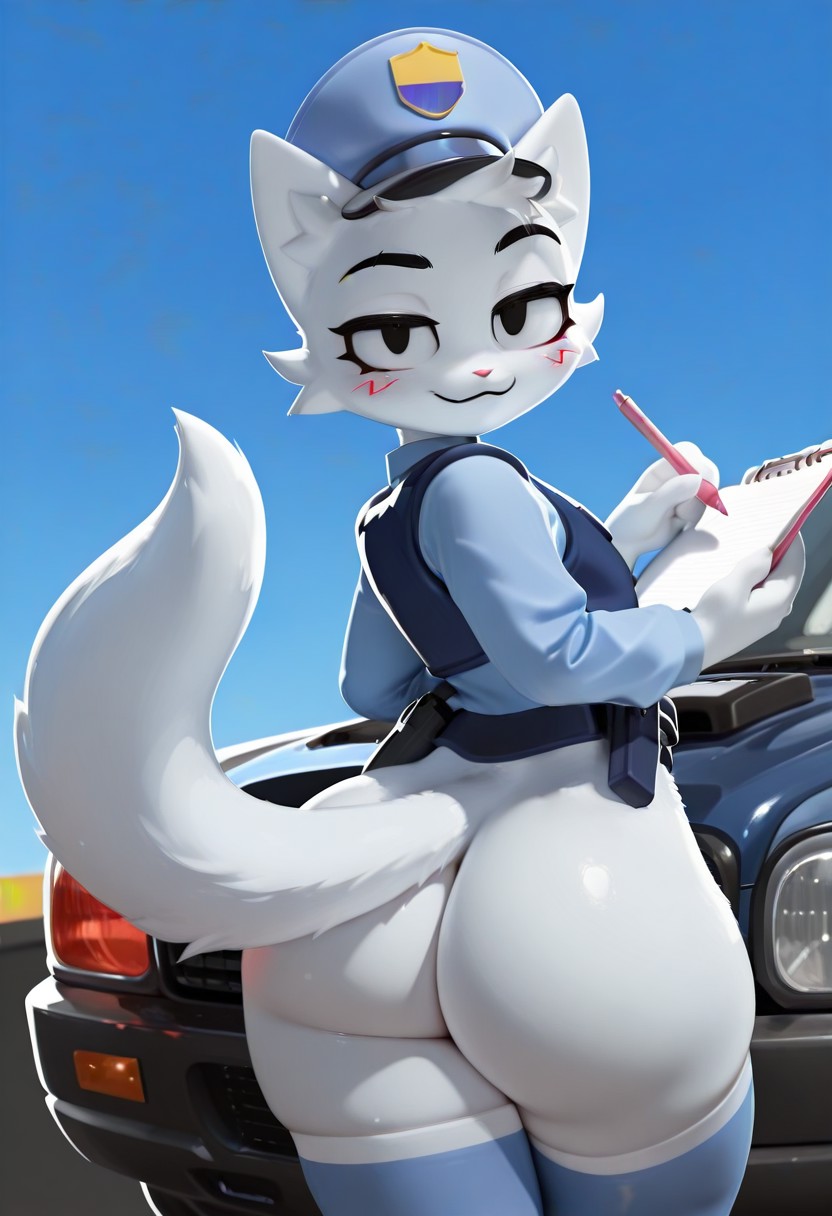 1boy, ai generated, back view, big ass, bottomless, bottomless male, boykisser, looking at viewer, officer boykisser (junoandmaxx), police, police uniform, silly cat (mauzymice), solo, tagme, thick thighs, thighhighs