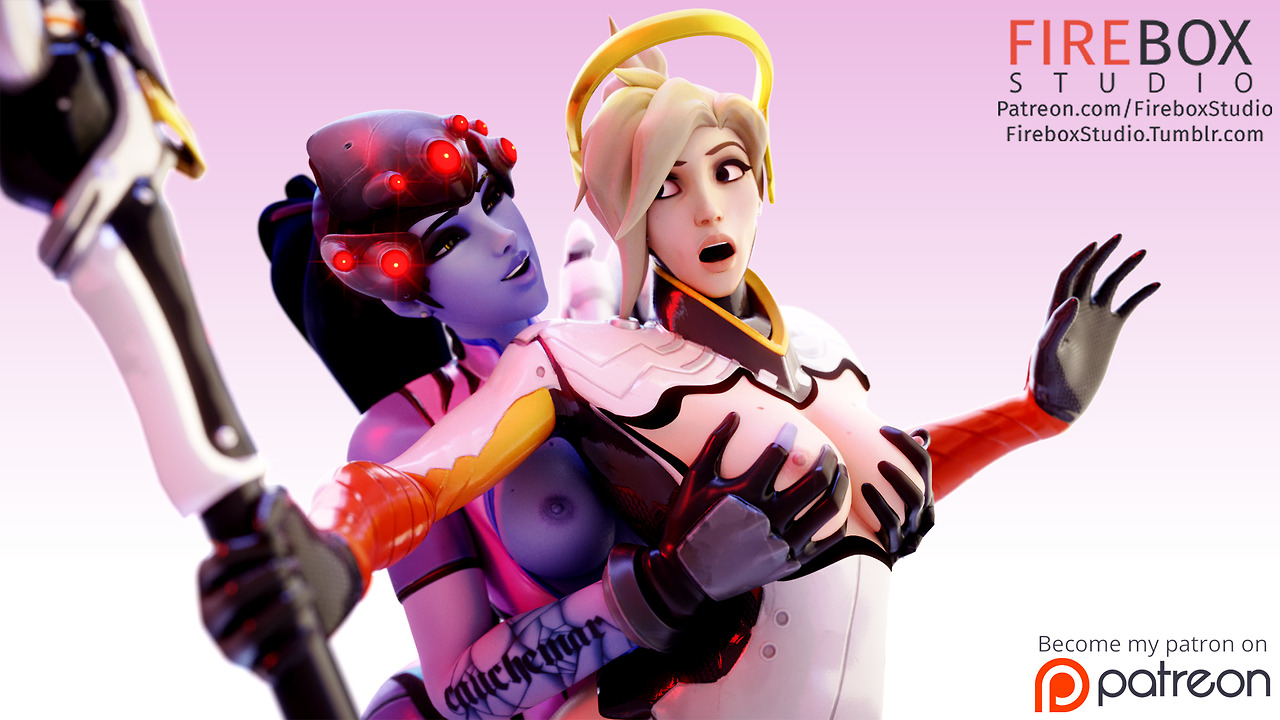 2girls, 3d, amelie lacroix, angela ziegler, areolae, blender, blizzard entertainment, breast grab, breasts, female, female only, fireboxstudio, mercy, nipples, overwatch, patreon username, tumblr username, widowmaker, yuri