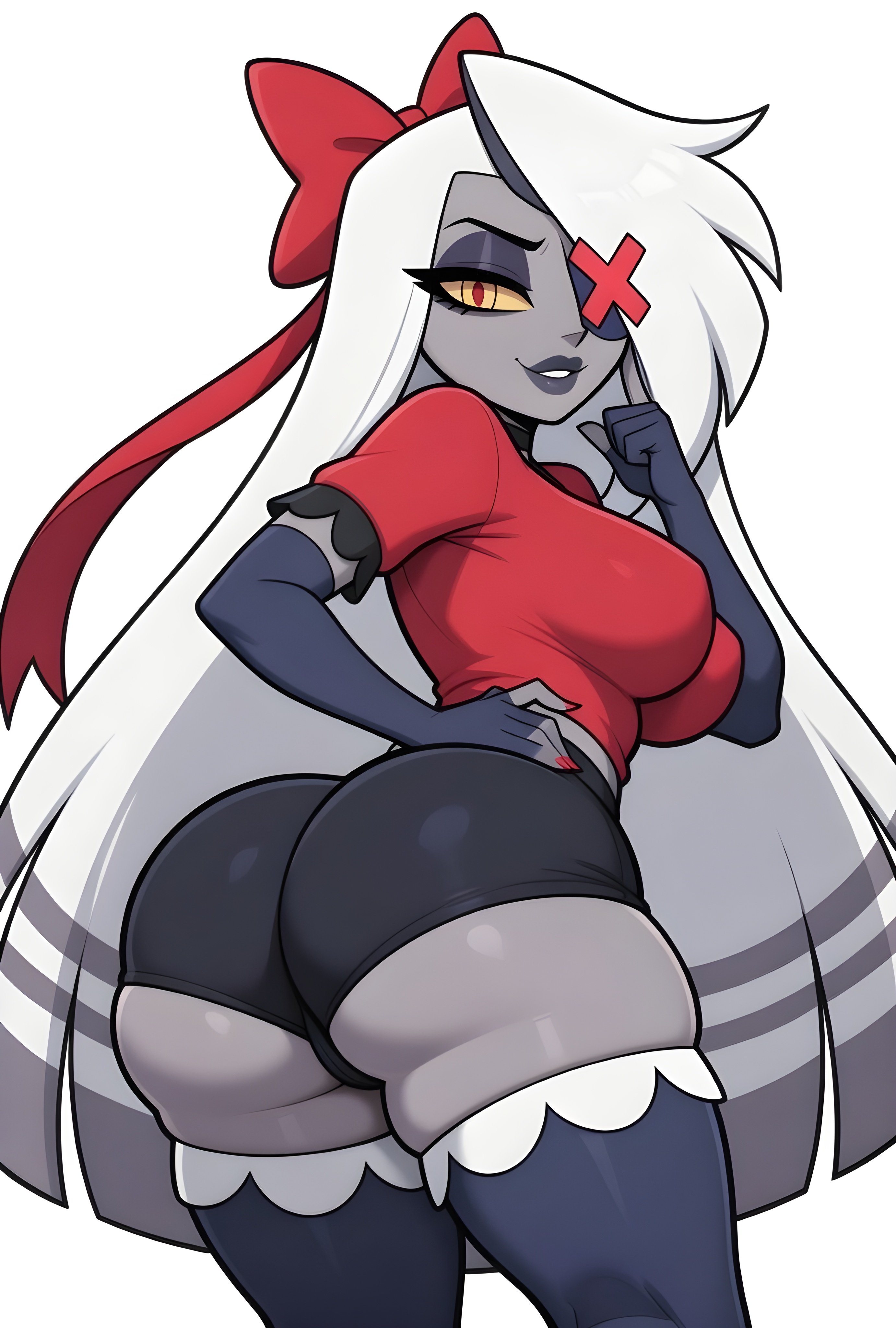 1female, 1girls, ai, ai generated, ass, ass focus, back view, behind view, big ass, big breasts, big butt, brasil louco, bubble ass, bubble butt, curvaceous, curvy, curvy body, curvy figure, dominant, dominant female, female, female focus, female only, hazbin hotel, large ass, large breasts, looking at viewer, looking back, looking back at viewer, mature, mature female, mature woman, seducing, seducing viewer, seductive, seductive look, seductive smile, sexy, sexy body, sexy pose, solo, solo female, solo focus, tagme, thick ass, thick body, thick butt, thick thighs, vaggie (hazbin hotel), voluptuous, voluptuous body, voluptuous female, white background