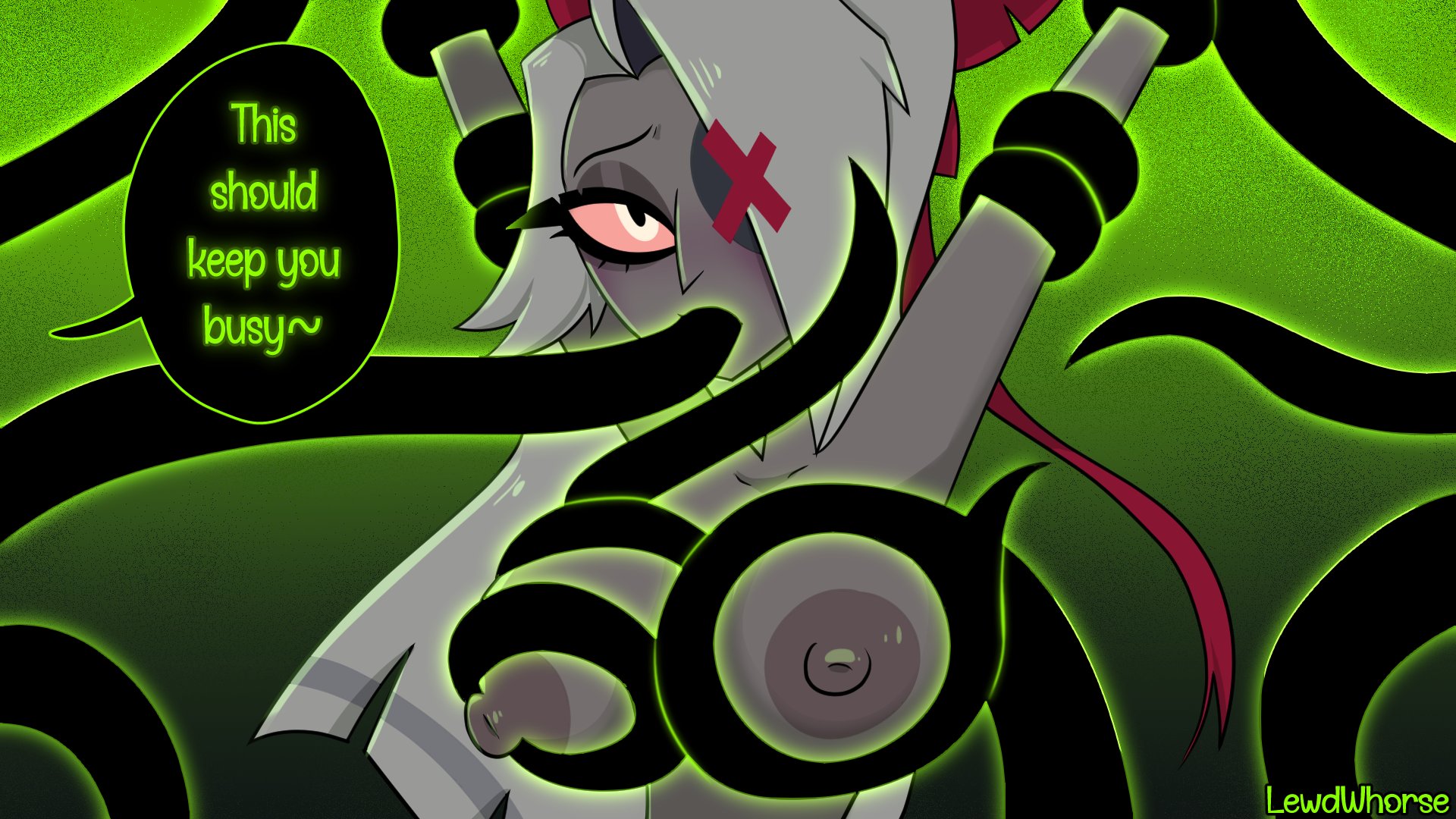 alastor (hazbin hotel), erect nipples, hazbin hotel, lewdwhorse, offscreen character, ribbon in hair, tentacle, tentacle around breast, tentacle in mouth, vaggie (hazbin hotel), vivziepop