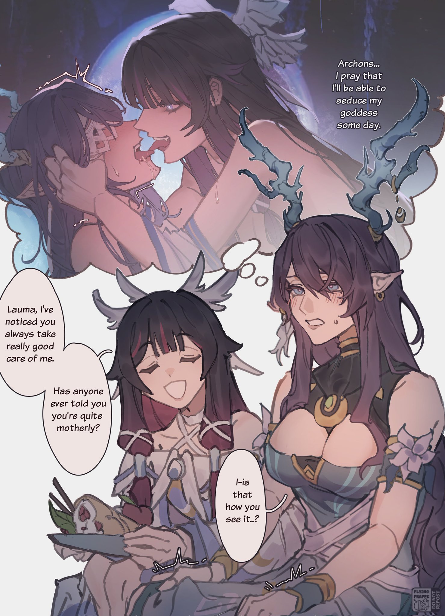 2girls, antlers, blindfold, clothing, columbina (genshin impact), dialogue, earrings, flyingfrappe, genshin impact, glowing eyes, hair ornament, holding another's hair, holding blindfold, holding hair, horns, imagining, implied nudity, implied sex, kissing, lauma (genshin impact), pointy ears, saliva, sweat, tagme, thought bubble, tongue, tongue kiss, tremble lines, tremble spikes, trembling, trembling for pleasure, yuri