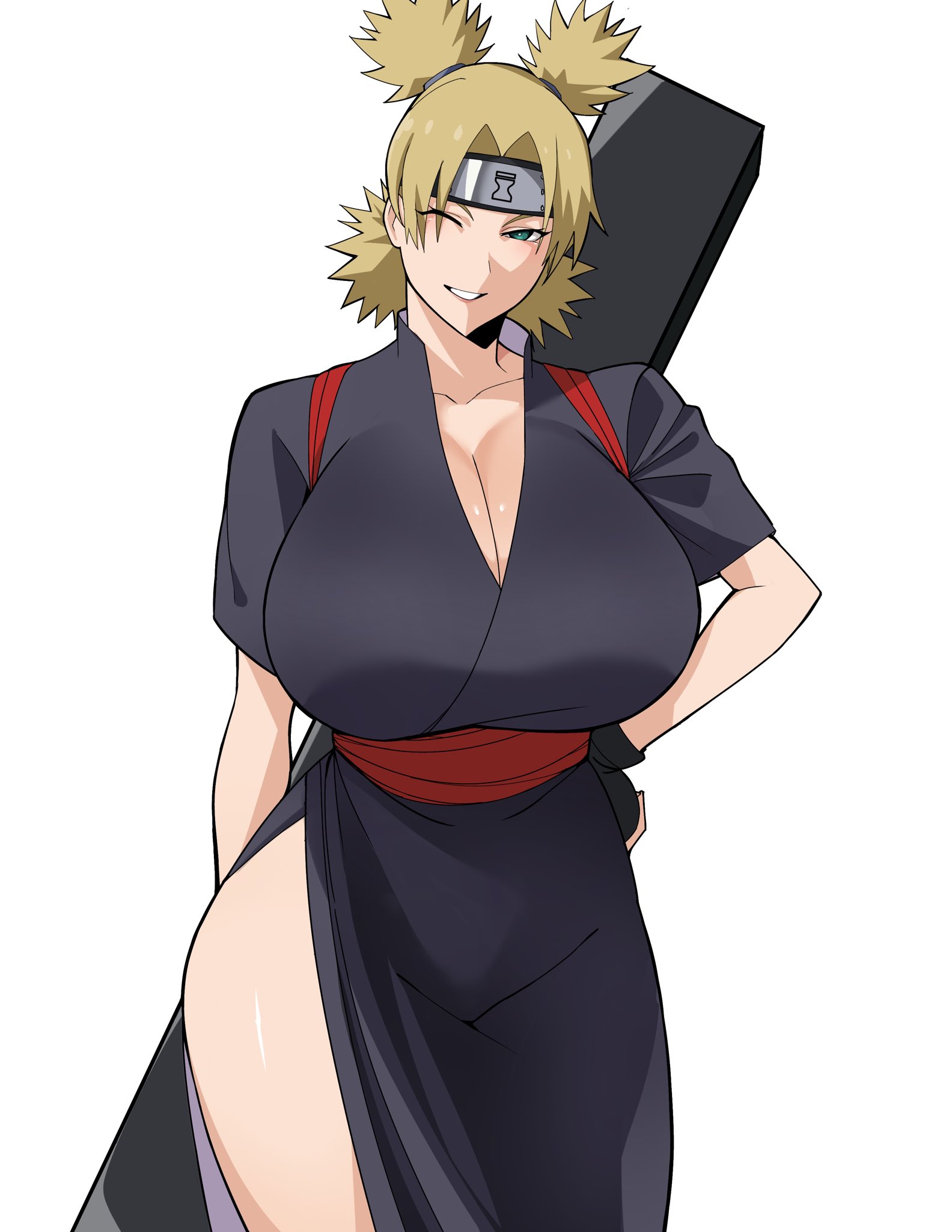 1girls, airi akura, arms behind back, big breasts, black dress, black gloves, blonde hair, busty, child bearing hips, cleavage, curvaceous, curvaceous female, curvaceous figure, curves, curvy, curvy body, curvy female, curvy figure, curvy hips, dress, fan, female, female focus, female only, fingerless gloves, forehead protector, gloves, hair ribbons, headband, hi res, high resolution, highres, hips, hips wider than shoulders, hourglass figure, japanese clothes, kimono, large breasts, light skin, light-skinned female, lips, lipstick, long dress, long skirt, makeup, naruto, naruto (series), naruto shippuden, one eye closed, oppai, pale skin, pale-skinned female, parted lips, pigtails, pink lips, pink lipstick, pinup, pose, posing, ribbons, seductive, seductive eyes, seductive look, shonen jump, shounen jump, shueisha, skirt, smile, smiling, smiling at viewer, solo, solo female, solo focus, spiky hair, standing, sunagakure symbol, teenage girl, teenager, teeth, teeth showing, temari, tied hair, venus body, very high resolution, voluptuous, voluptuous female, weekly shonen jump, weekly shounen jump, white background, wide hips, wink, winking, winking at viewer, yukata