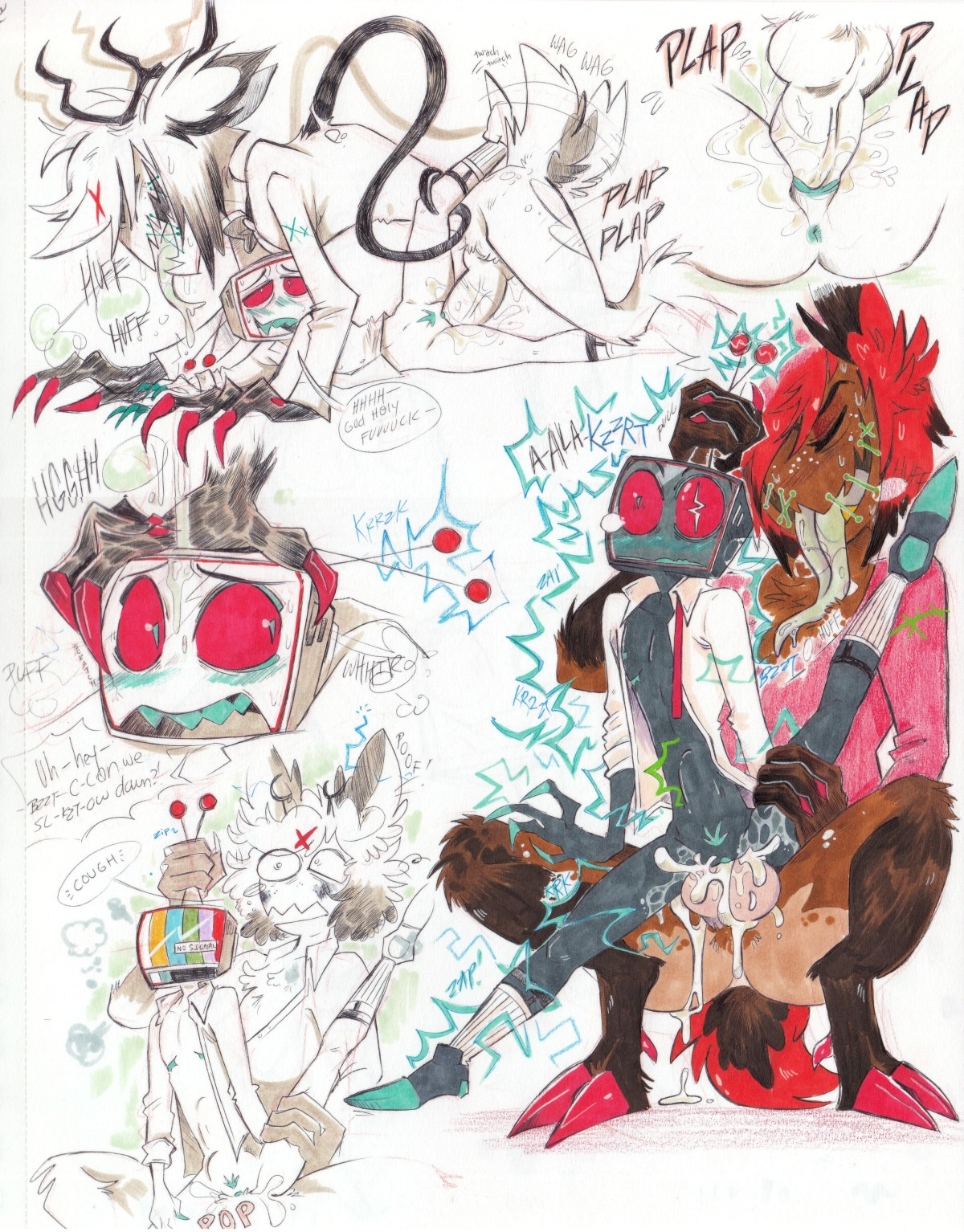 1boy, 1cuntboy, alastor (hazbin hotel), animal ears, animal tail, antennae (anatomy), big penis, blue body, blue skin, blush, chest tuft, cum, cum in pussy, cum inside, cuntboy, cuntboy/male, dark skin, dark-skinned male, demon, electric shock, electricity, electrocution, english, english text, gay, hazbin hotel, hooves, huge cock, knot, knotted penis, long tongue, monster, monster cock, partially clothed, penis, penis in pussy, planchette, pussy, red eyes, red hair, scars, sex, sharp teeth, short hair, simple background, size difference, sketch, socks, thick thighs, tongue, trans man, transmasc, tv head, vox (hazbin hotel), white background, yaoi