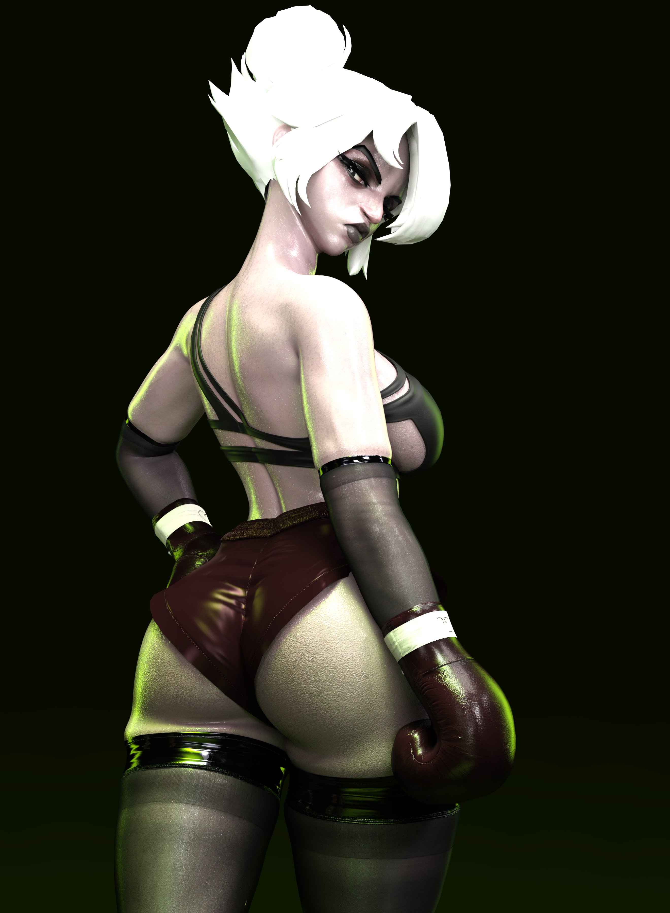 1girls, 3d, 3d (artwork), ass, black boxing gloves, black gloves, black lipstick, boxers, boxing gloves, deadlock, female, female only, gloves, graves (deadlock), invadermurilox, solo