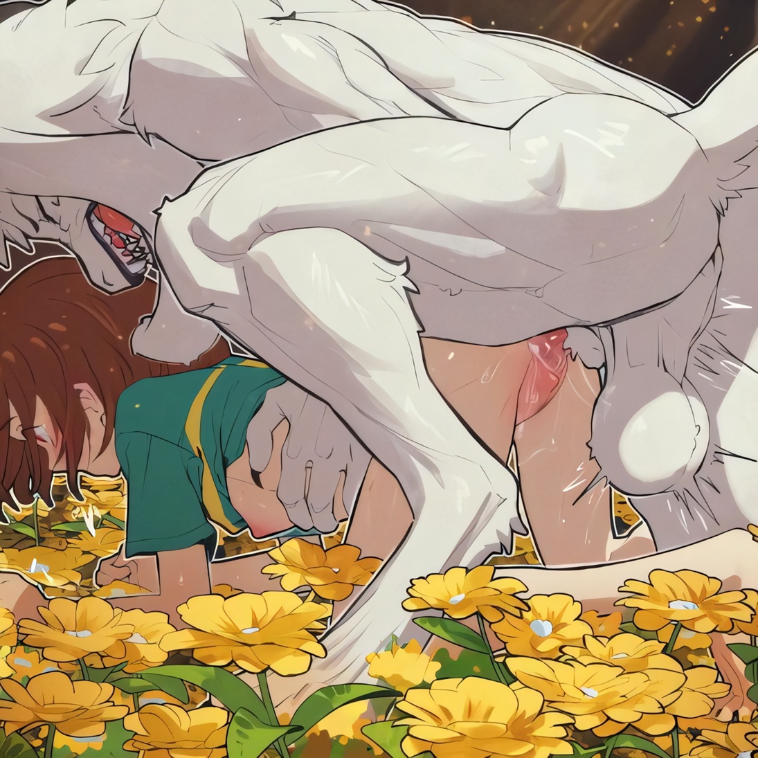 1boy, ai generated, all fours, animal penis, anthro, anthro dominating human, anthro penetrating, anthro penetrating human, balls, big balls, blush, bottomless, breasts, brown hair, canid, canine, canine on human, canine penis, clothes lift, doggy style, extra, female, flower, furry, furry male, furry on human, furry with non-furry, grabbing, human female, human penetrated, knotting, light-skinned female, male anthro/female human, meitabuu, nipples, penis, pussy, saggy balls, sex, sex from behind, shirt, shirt lift, short hair, straight, tag, testicles, uncensored, vaginal penetration, yellow flower