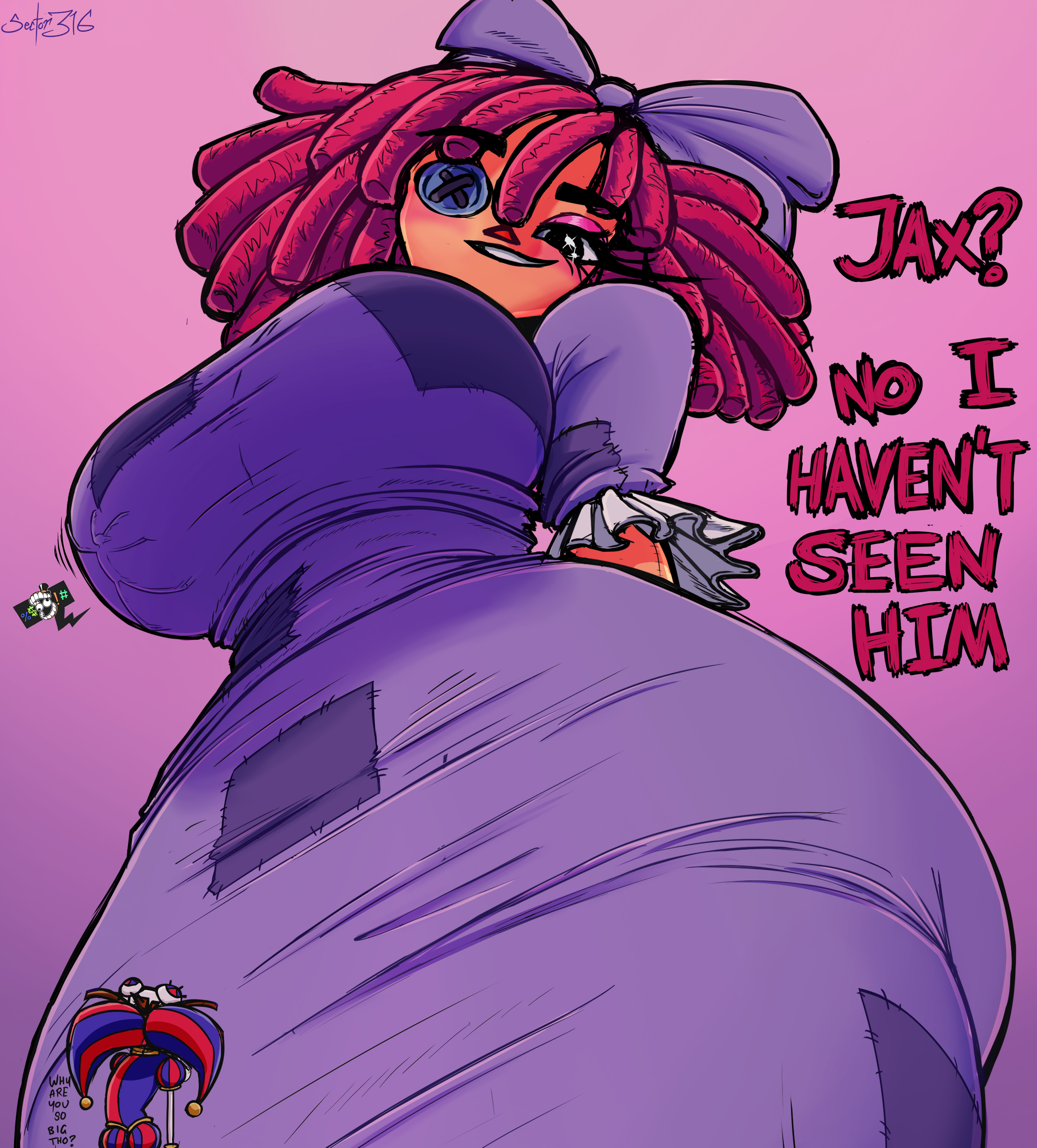 1boy, 2girls, 2girls1boy, big female, big hips, blush, breasts bigger than body, digital drawing (artwork), dominant, dominant female, english text, flirting, giant female, giant milf, giantess, gigantic breasts, glitch productions, hands behind back, haven't seen them, huge breasts, huge thighs, jax (the amazing digital circus), jester girl, jester hat, large breasts, large female, looking down, looking up, pink eyeshadow, pomni (the amazing digital circus), ragatha (the amazing digital circus), ragdoll, red hair, sector316, simple background, size difference, smothering, smothering breast, stuck in clothes, text, the amazing digital circus, thick breasts, thick thighs, tight clothing, tight dress, trapped in breasts, trapped in clothing