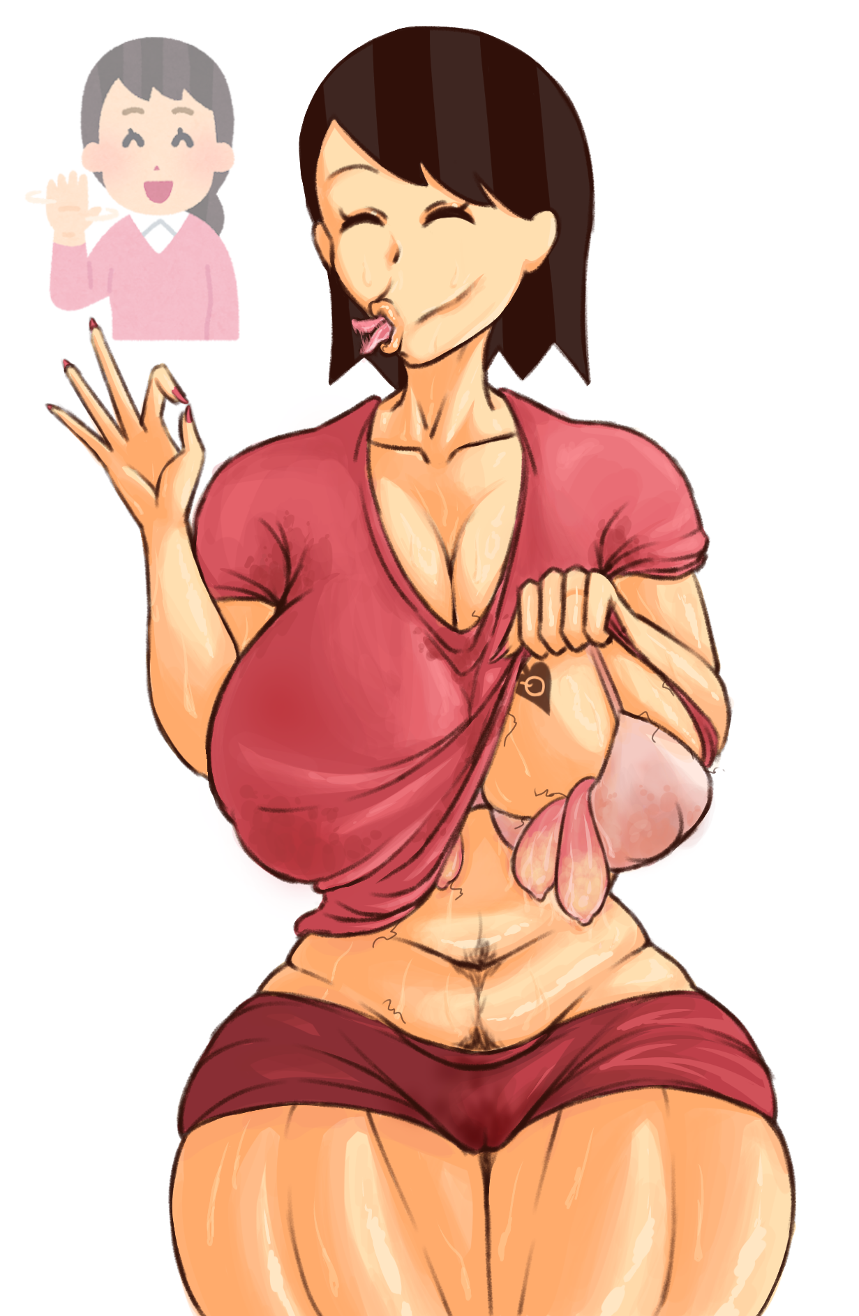 1girls, after sex, big breasts, blowjob face, blowjob gesture, bra, breasts, cleavage, condom, condom in clothes, fellatio gesture, female, female only, filled condom, huge breasts, irasutoya, mature female, mig3120, milf, muscular thighs, nipple bulge, qos, qos tattoo, queen of spades, queen of spades tattoo, reference image, shirt lift, stray pubic hair, sweat, sweaty, tattoo, tattoo on breast, thick thighs, tongue, tongue out, used condom, used condom in clothes, used condoms, wet pussy