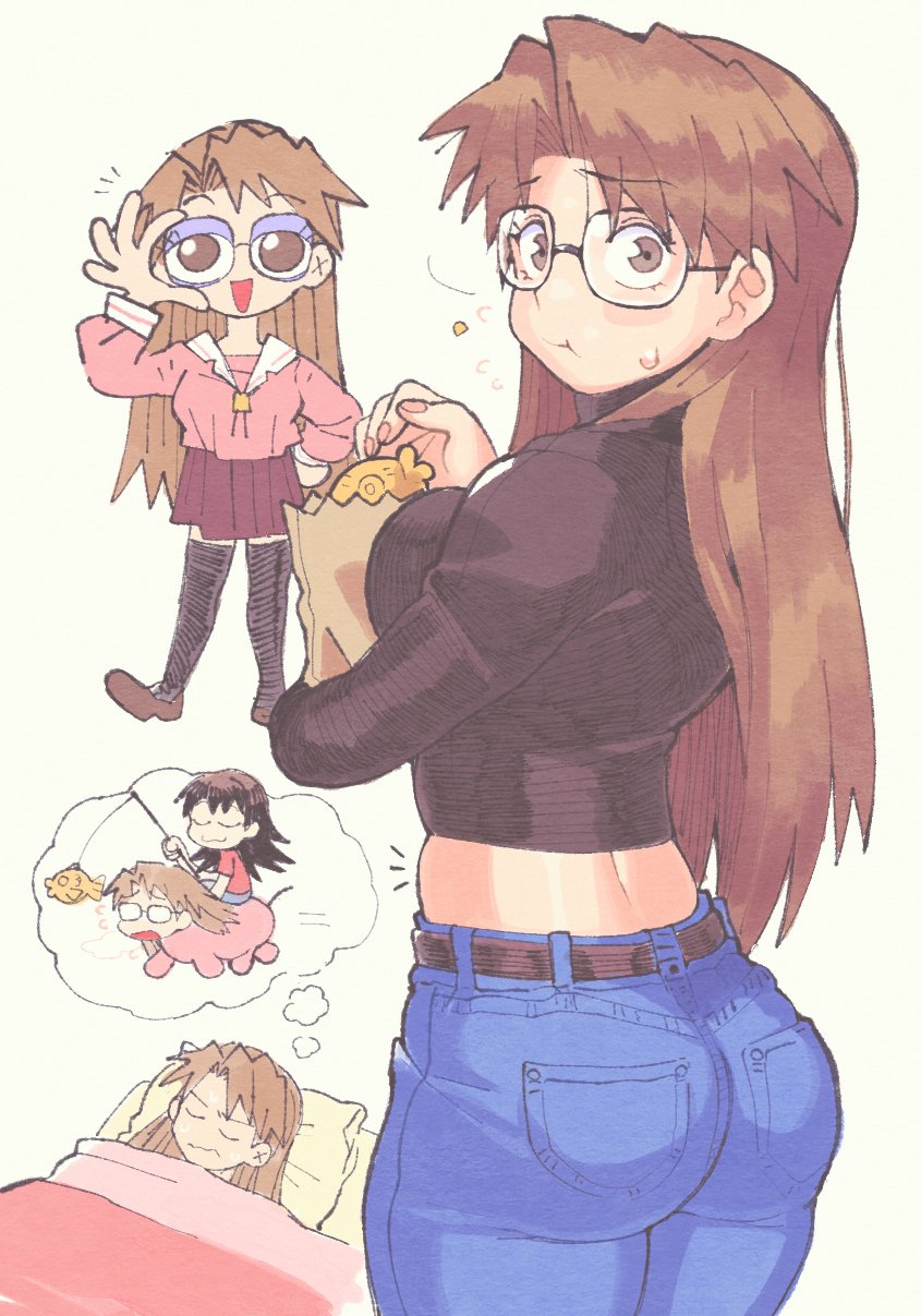 2girls, ass, azumanga daiou, back view, black hair, brown eyes, brown hair, clothed, dengeki daioh, denim, eating, female, female only, food, fully clothed, glasses, inkerton-kun, inkuusan, jeans, koyomi mizuhara, long hair, midriff, pants, rear view, school uniform, simple background, skirt, sleeping, sweat, sweatdrop, thighhighs, tomo takino, turtleneck, white background, zettai ryouiki