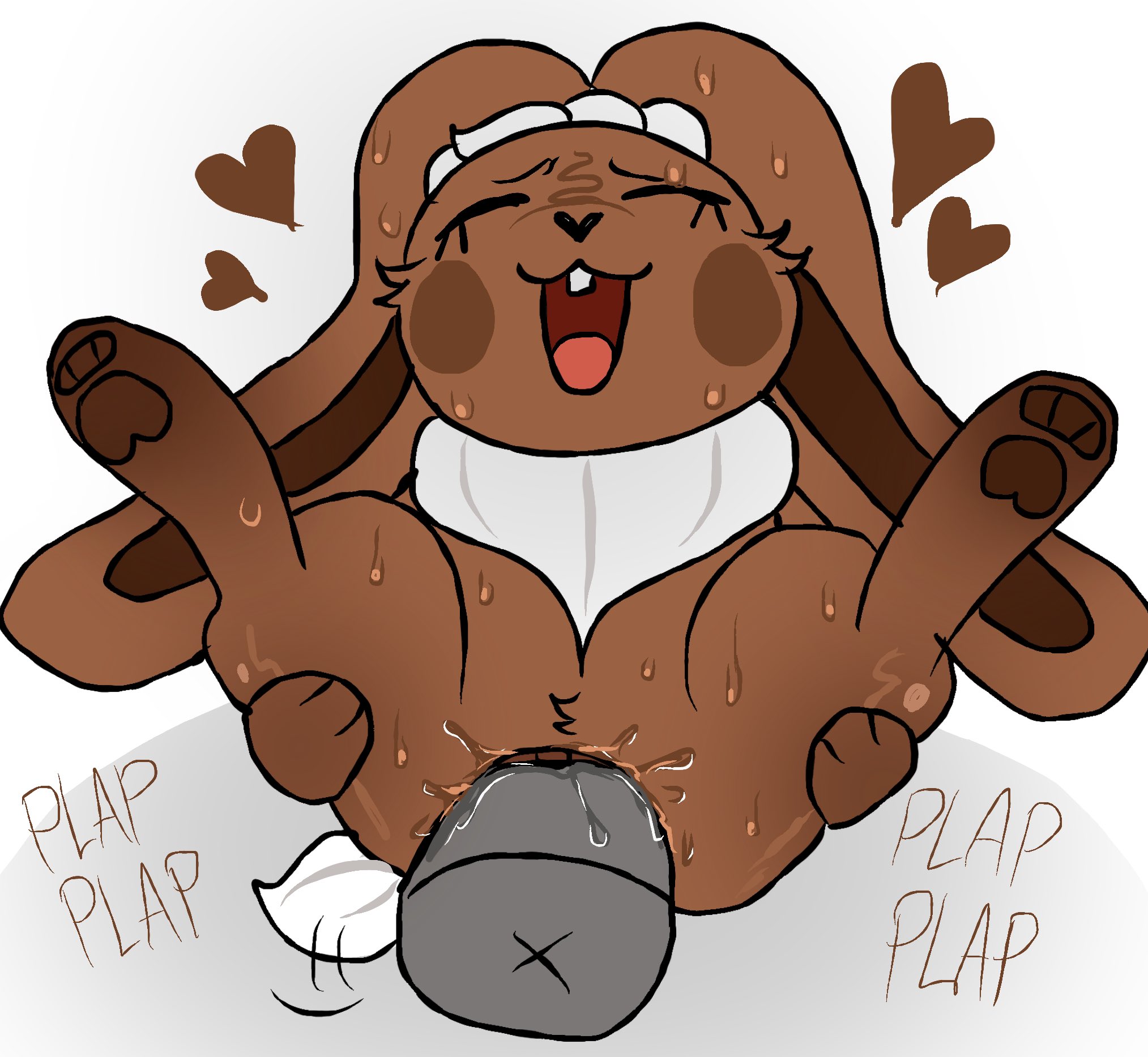 blushcrunch studio, brown fur, bunny, bunny ears, bunny girl, cocoa (dandy's world), dandy's world, dandys world, heart, heart symbol, human male, pussy, pussy juice, roblox, size difference, smile, sodastik, tagme