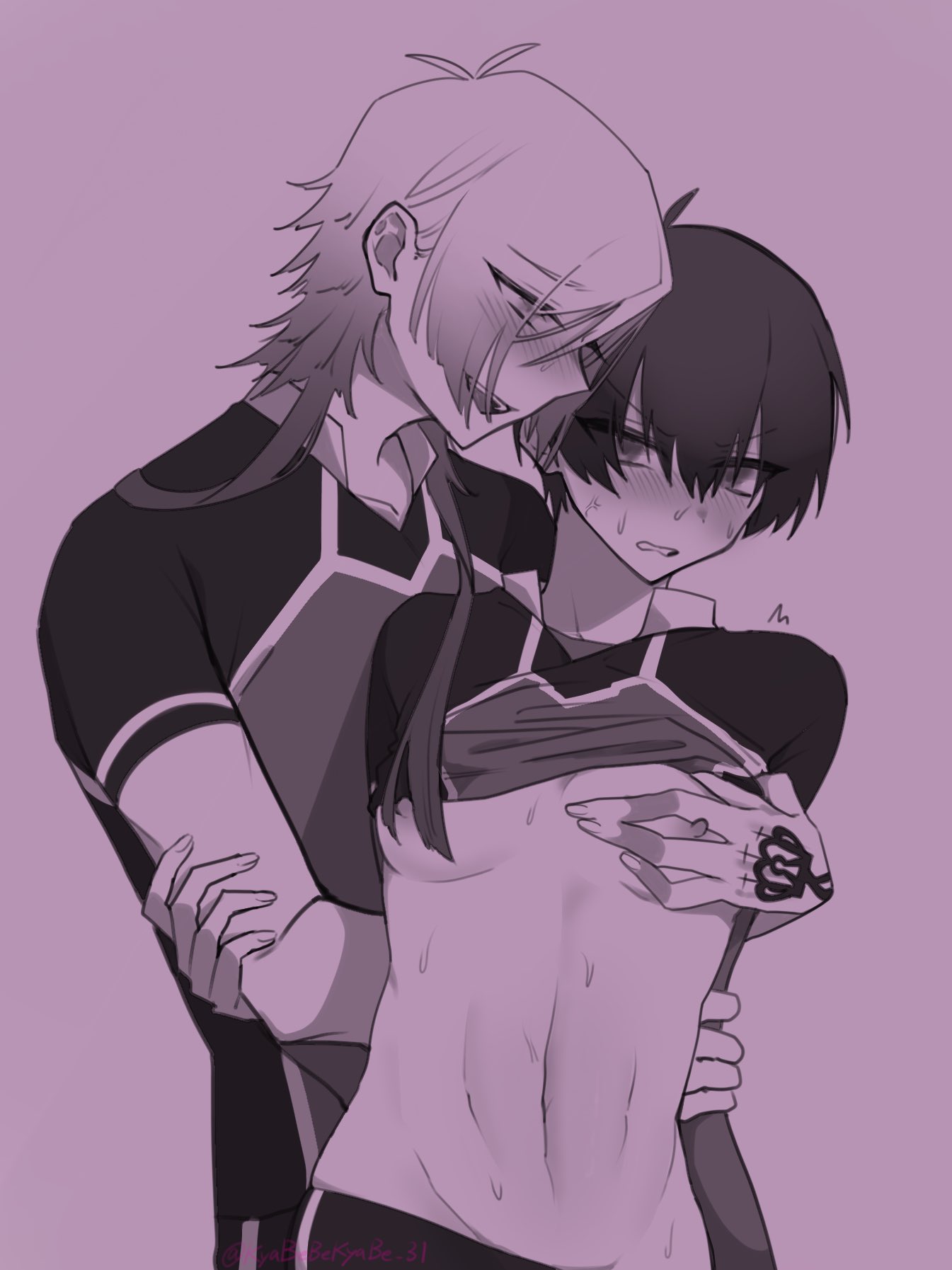 blue lock, blush, cute, cute expression, cute face, cute male, grabbing waist, isagi yoichi, male, male only, male/male, michael kaiser, nipples, shinashina, small waist, smaller male, soccer uniform, sweating, touching nipples, twink
