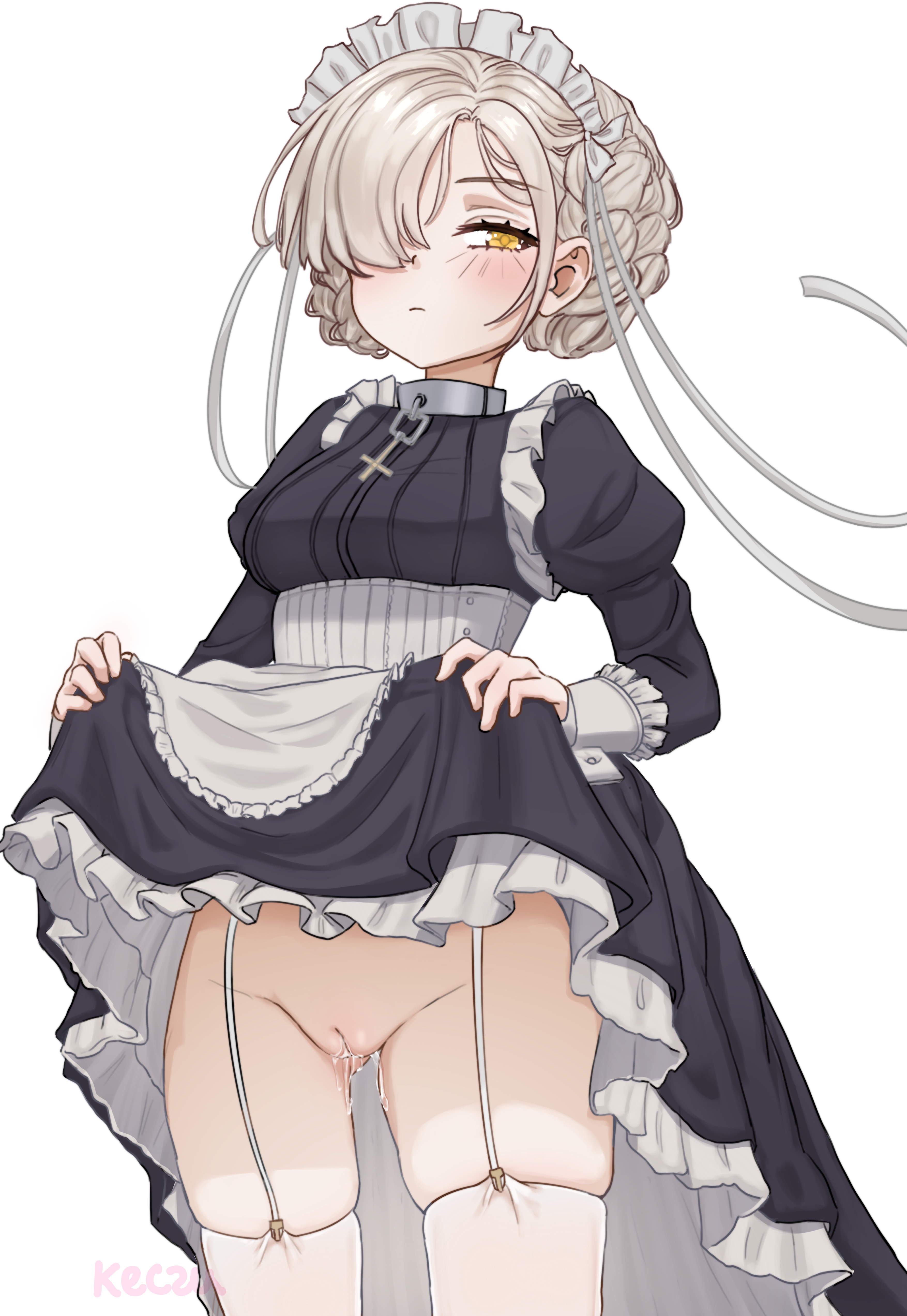 azur lane, blonde hair, maid, pussy, pussy juice drip, sheffield (azur lane), short hair, shy, small breasts, wet, wet pussy