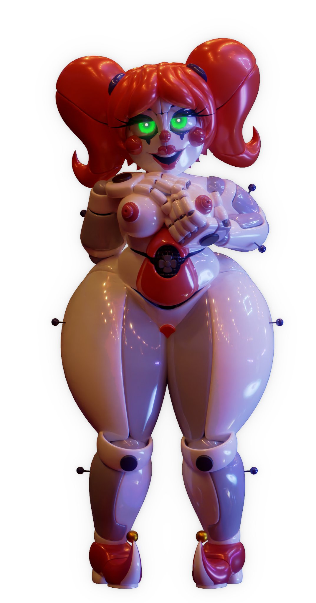1girls, 3d, 3d (artwork), 3d model, 3d render, animatronic, animatronic female, baby (fnafsl), circus baby, circus baby (cosmic trance), circus baby (fnaf), clown, clown girl, cosmic trance, female, female focus, female only, five nights at freddy's, five nights at freddy's: sister location, green eyes, naked, naked female, nude, nude female, robot, robot girl, robot humanoid, solo, solo female, solo focus, white background
