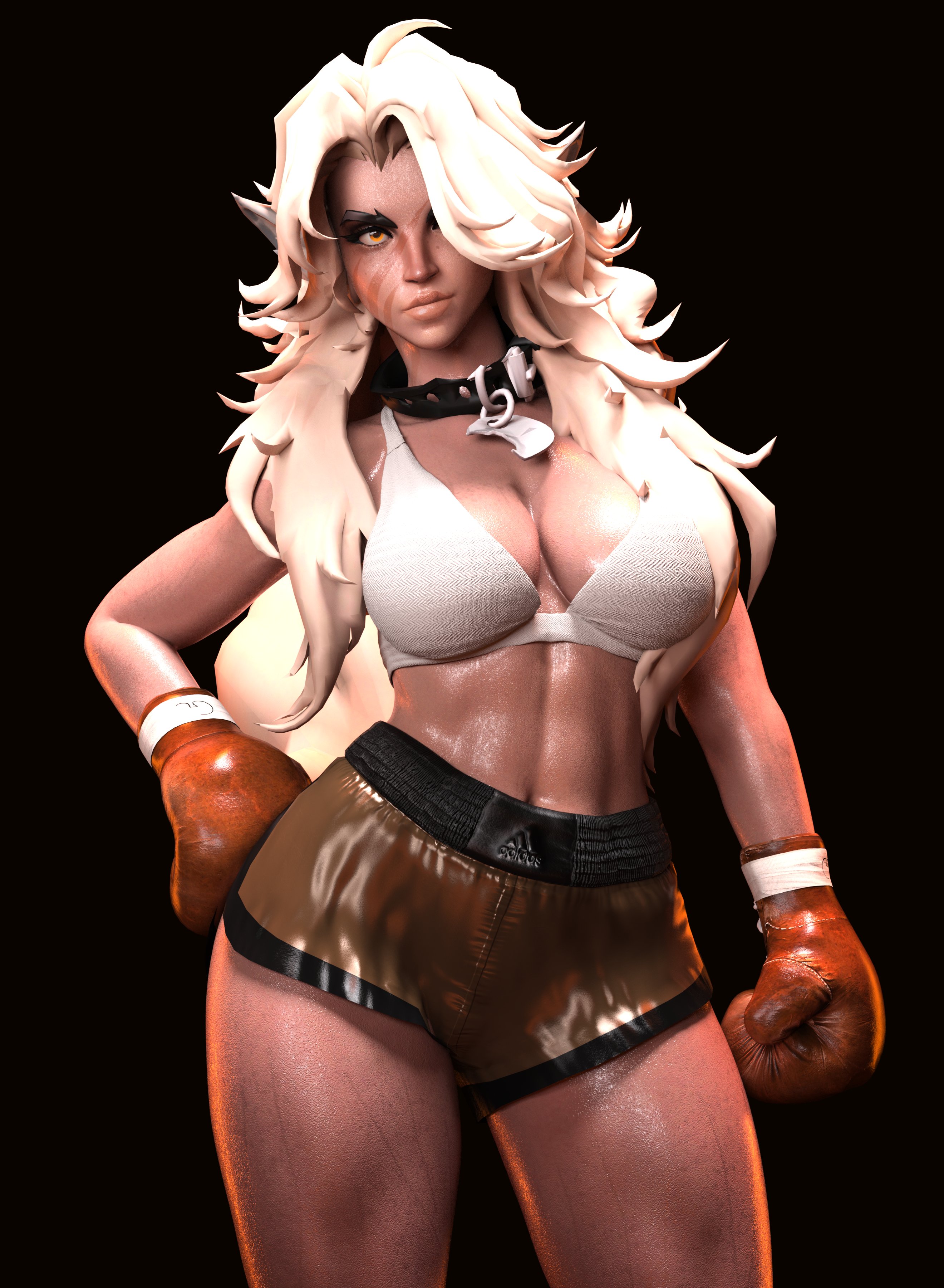 1girls, 3d, 3d (artwork), boxing gloves, brown boxing gloves, brown gloves, deadlock, female, female only, gloves, invadermurilox, silver (deadlock), solo, thighs