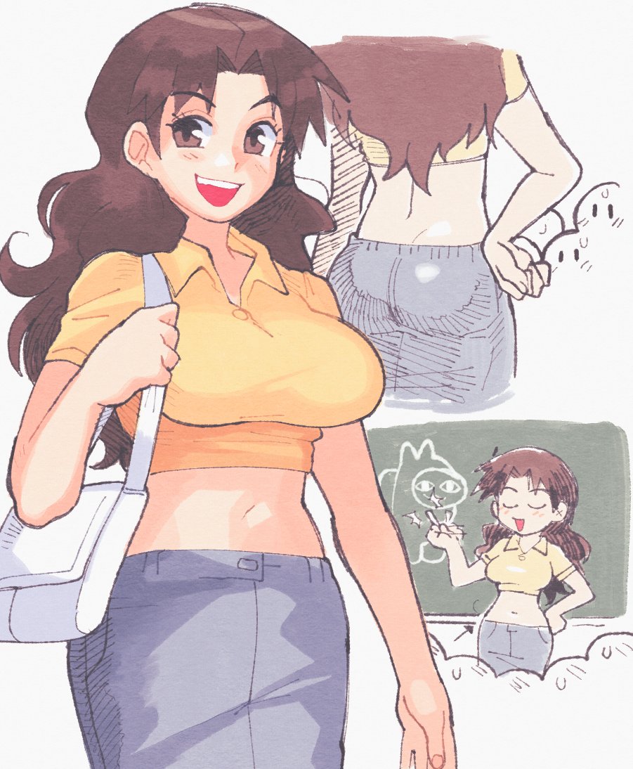 ass, azumanga daiou, back, back view, breasts, brown hair, casual, clothed, clothing, collared shirt, crewmate (among us), crop top, dengeki daioh, female, front view, inkerton-kun, inkuusan, large breasts, long hair, looking at viewer, lowleg, midriff, midriff focus, multiple views, navel, rear view, skirt, smile, smiling, smiling at viewer, teacher, yukari tanizaki