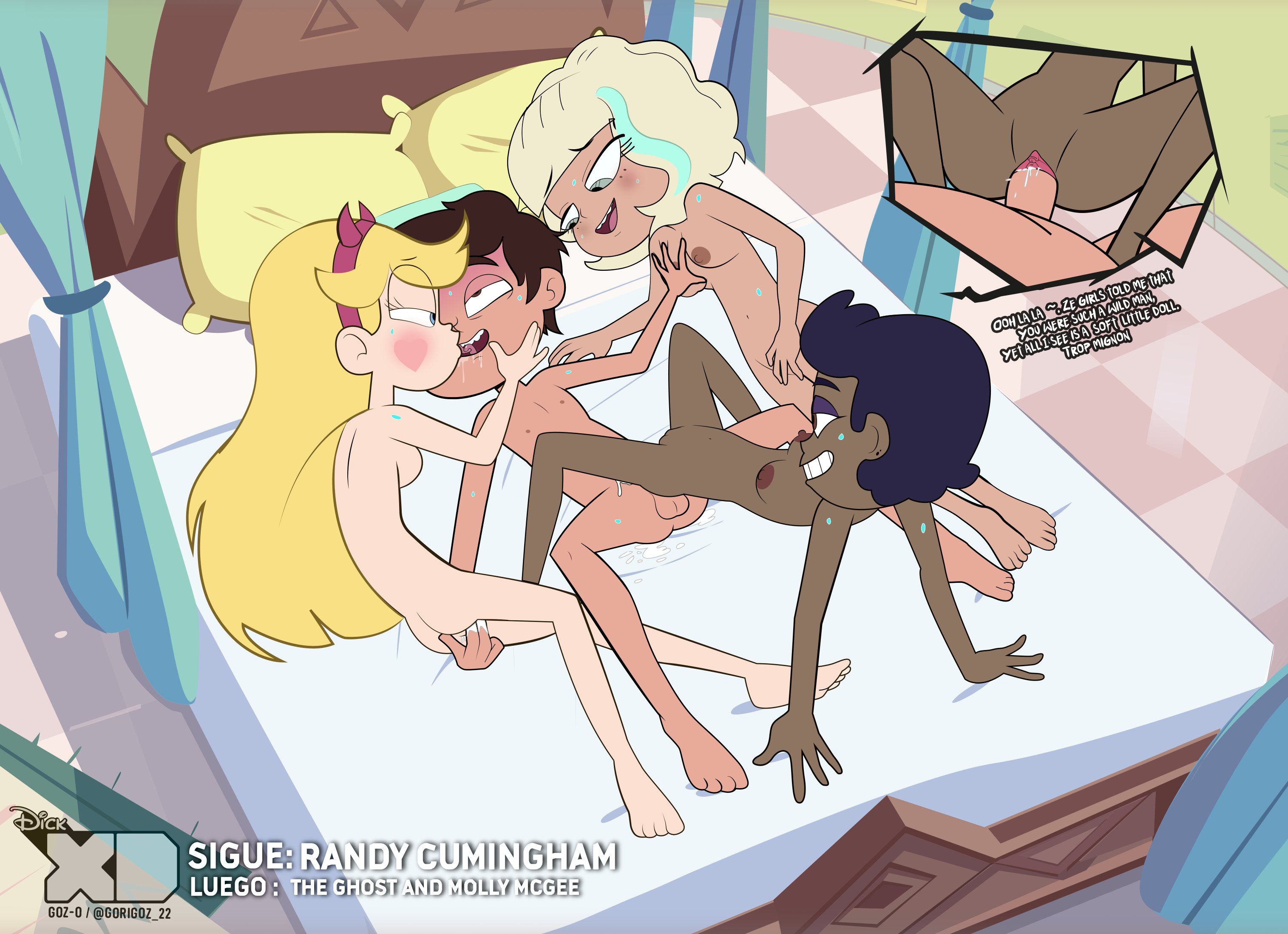 1boys, 3girls, accurate art style, areola, areolae, arm support, artist name, ass, balls, bed, bedroom, bedroom sex, black girl, blonde hair, blue eyes, blue hair, blue streak, blush, blush stickers, bodily fluids, bodily fluids in pussy, breasts, brown eyes, brown hair, chloe (svtfoe), clitoris, completely nude, completely nude female, completely nude male, cowgirl position, cum, cum in pussy, cum inside, dark blue hair, dark hair, dark skin, dark-skinned female, dark-skinned male, dialogue, disney, disney xd, ejaculation, english text, feet, female, fffm foursome, fingering, fingering pussy, foursome, french kiss, french kissing, furniture, genital fluids, genitals, girl on top, gorigoz, gosgoz, goz-o, green eyes, group, group sex, half-closed eyes, hand on breast, heart, heart symbol, human, indoor sex, indoors, indoors sex, inside, interracial, interracial sex, jackie lynn thomas, kiss, kissing, latino, lesbian with male, light skin, light-skinned female, long hair, looking pleasured, male, marco diaz, medium breasts, multiple girls, narrowed eyes, nipples, nude, nude female, nude male, on back, on bed, open mouth, open smile, open-mouth smile, orgasm, orientation play, pale skin, pale-skinned female, penetration, penis, penis in pussy, platinum blonde hair, pleasure face, pussy, pussy juice, pussy juice on fingers, riding, riding penis, sex, short hair, small breasts, smile, star butterfly, star vs the forces of evil, sweat, talking, talking to another, teeth, testicles, text, tongue, tongue out, upper teeth, vaginal, vaginal fluids, vaginal juices, vaginal penetration, vaginal sex