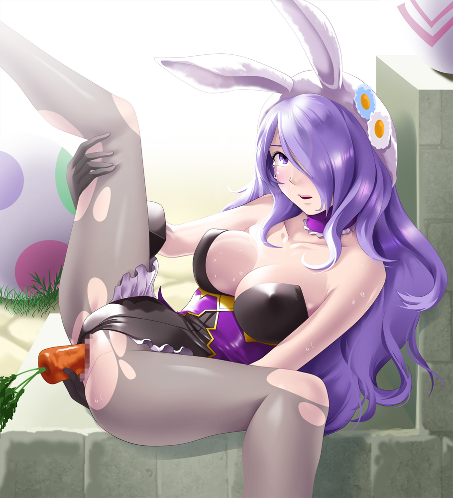 10s, 1girls, 2017, animal ears, ass, big breasts, breasts, bunny ears, bunny girl, bunnysuit, camilla (fire emblem), carrot, censored, cleavage, cum, deep rising, easter, egg, fake animal ears, female, female only, fire emblem, fire emblem fates, fire emblem heroes, food, gloves, hair ornament, hair over one eye, insertion, large breasts, leotard, long hair, looking at viewer, masturbation, nintendo, object insertion, pantyhose, purple eyes, purple hair, pussy, pussy juice, shiny, shiny hair, shiny skin, sitting, solo, spread legs, sweat, tears, thor (deep rising), torn clothes, torn pantyhose, vaginal insertion, vaginal penetration, vegetable