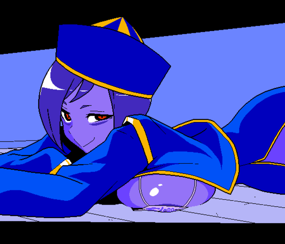 1girls, 2d, areola slip, areolae, asian mythology, bikini, breasts, chinese mythology, clothed, east asian mythology, female, game cg, hat, huge breasts, japanese text, jermaneels, jiangshi, jiangshi (jermaneels), lying, lying on stomach, mythology, ofuda, ofuda on breast, ofuda on nipples, open clothes, pixel art, purple body, purple skin, red eyes, short hair, smile, string bikini, strip rock-paper-scissors - jiangshi edition