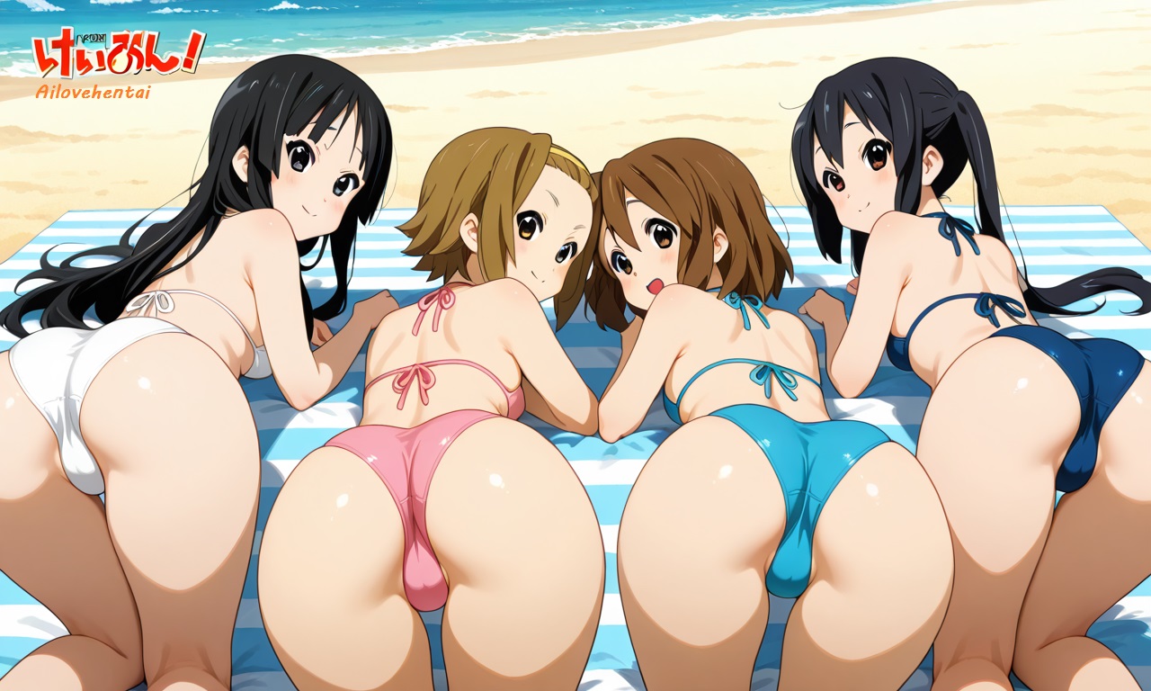 4girls, ai generated, ailovehentai, ass focus, azusa nakano (k-on!), bikini, bikini top, k-on!, looking at viewer, mio akiyama (k-on!), rear view, ritsu tainaka (k-on!), schoolgirl, smiling at viewer, teenager, yui hirasawa (k-on!)