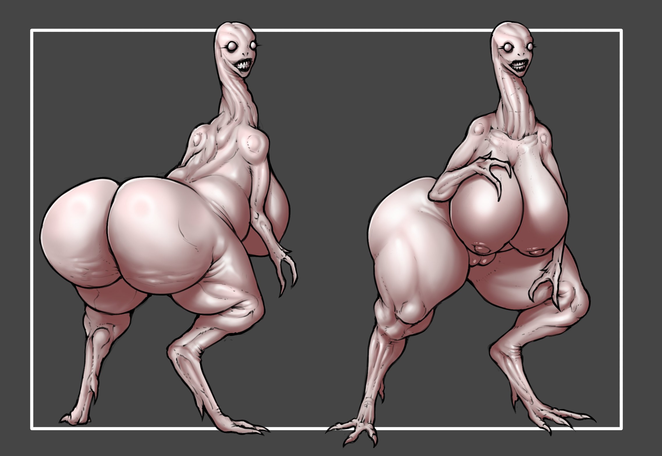 1girl, 1girls, 2d, 2d (artwork), 2d artwork, anthro, anthro female, anthro only, big ass, big breasts, breasts, claws, clenched teeth, creepy, creepy eyes, creepy face, curvaceous, curvaceous figure, curvy, curvy body, curvy female, curvy figure, erect nipples, female, female focus, female only, grey background, hi res, high quality, high resolution, highres, hips, horror, horror (theme), humanoid, inktober, large ass, large breasts, light skin, light-skinned female, long neck, monster, monster girl, naked, naked female, nightmare waifu, nipples, no pupils, nude, nude female, sai0nhik4ri, scp foundation, scp-3199, sharp claws, simple background, solo, solo female, solo focus, teeth, thick thighs, thighs, voluptuous, voluptuous body, voluptuous female, white eyes, wide hips