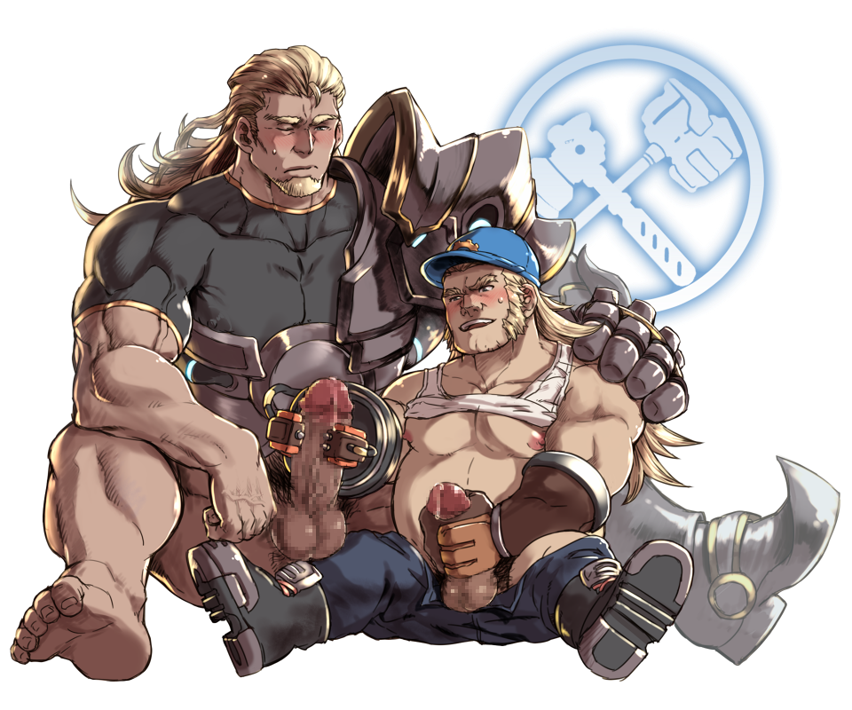 2boys bara barefoot blonde_hair blush facial_hair feet hana_(artist) handjob konohanaya male_only masturbation mosaic_censoring multiple_boys overwatch penis penis_grab reinhardt sitting size_difference smile sweat torbjörn yaoi