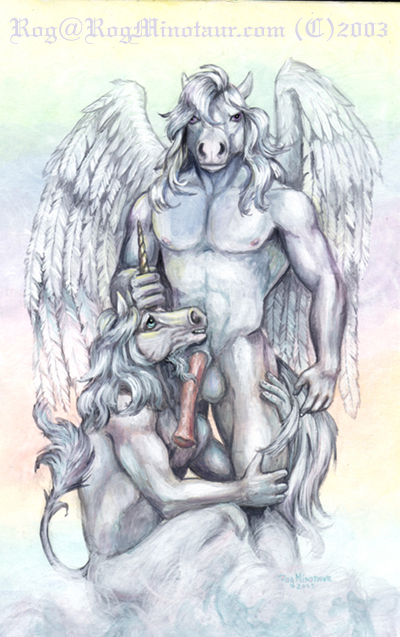 2003 anthro equine furry horn male mammal nipples oral pegasus rog_minotaur testicles unicorn wings yaoi