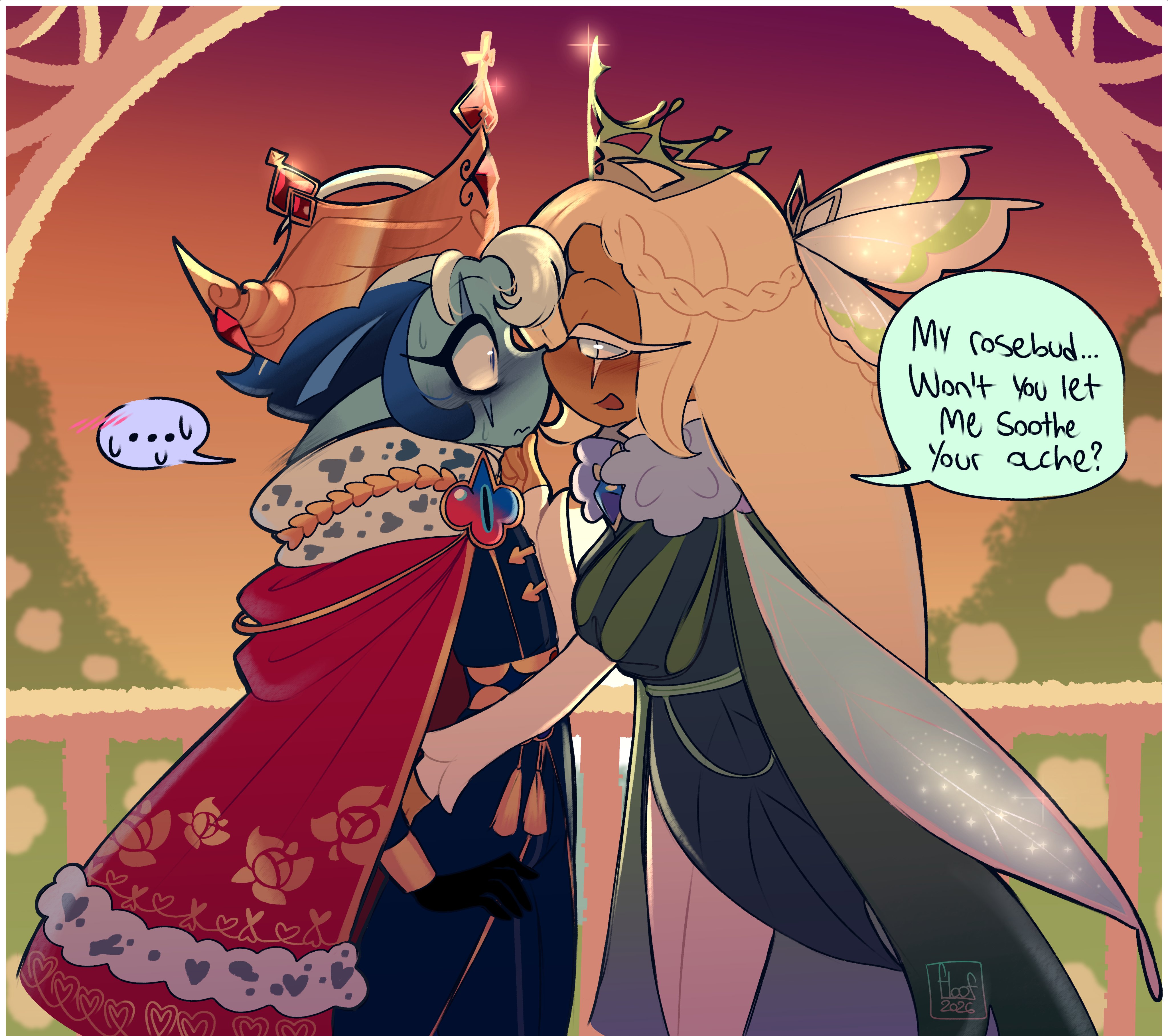 an ad-lib ending, back grab, butterfly wings, cape, chin grab, cookie run, cookie run kingdom, crown, floofierun, medieval clothing, nose to nose, pure vanilla cookie, push and pull, shadow milk cookie, sunset, tagme, tiara, viridescent daydream, wings