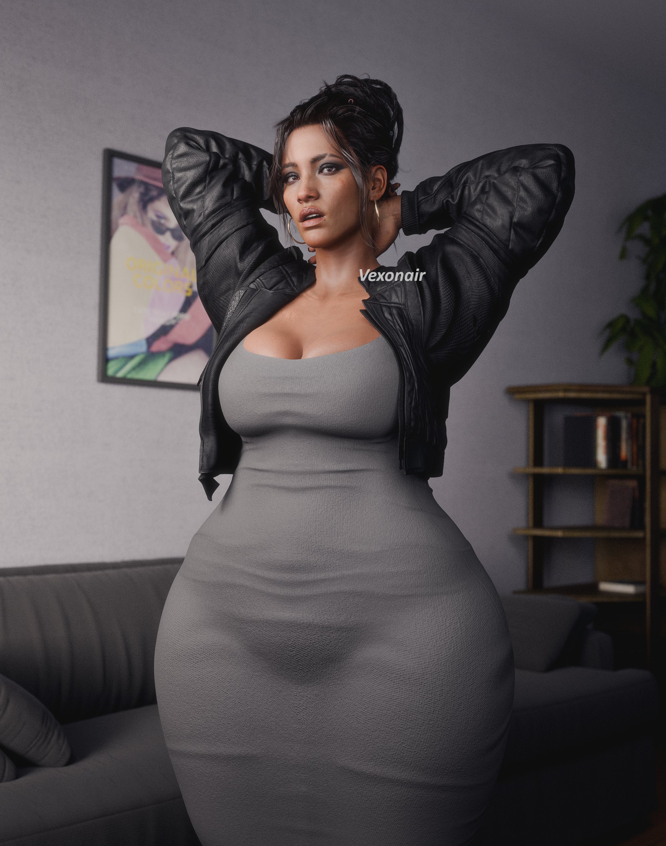 3d, arms behind head, arms up, belly, black hair, bottom heavy, breasts, brown eyes, cleavage, couch, curvy, cyberpunk 2077, dark skin, dress, female, female only, hoop earrings, jacket open, large breasts, lips, long hair, panam palmer, thick, thick thighs, thighs, vexonair, wide hips