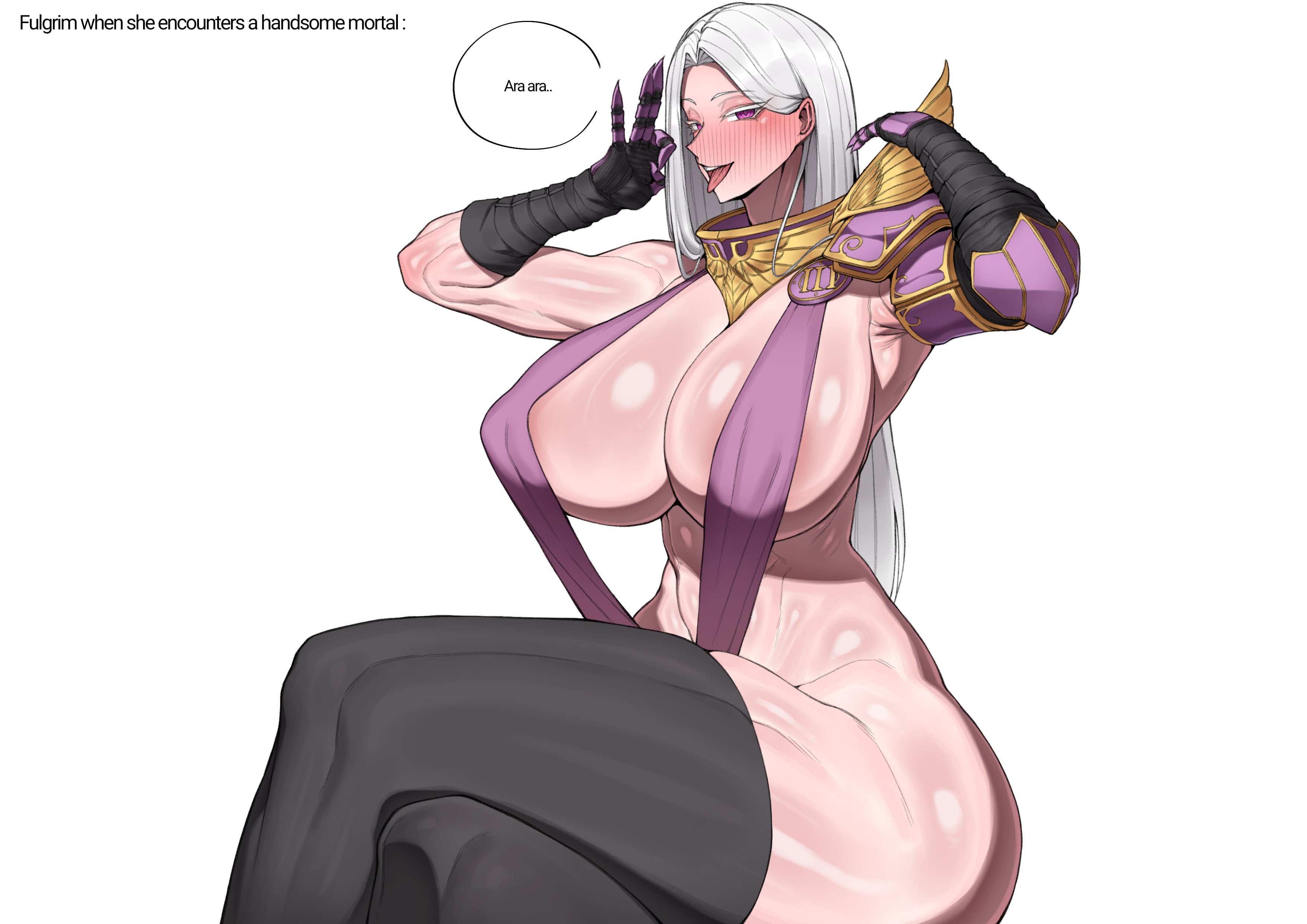 1girl, 1girls, 2d, 2d (artwork), 2d artwork, armor, armored female, armored gloves, armwear, artist request, big breasts, black legwear, black stockings, black thighhighs, blush, blushing, breasts, curvaceous, curvaceous figure, curvy, curvy body, curvy female, curvy figure, emperors children, fellatio gesture, female, female focus, female only, fulgrim, games workshop, genderbend, genderswap, gloves, hair, hi res, high quality, high resolution, highres, hips, large breasts, legwear, light skin, light-skinned female, long hair, looking at viewer, looking to the side, metal collar, primarch, purple armor, purple armwear, purple eyes, purple gloves, rule 63, simple background, sitting, slingshot, solo, solo female, solo focus, stockings, thick thighs, thighhighs, thighs, tongue, tongue out, warhammer (franchise), warhammer 40k, white background, white eyebrows, white eyelashes, white hair, wide hips