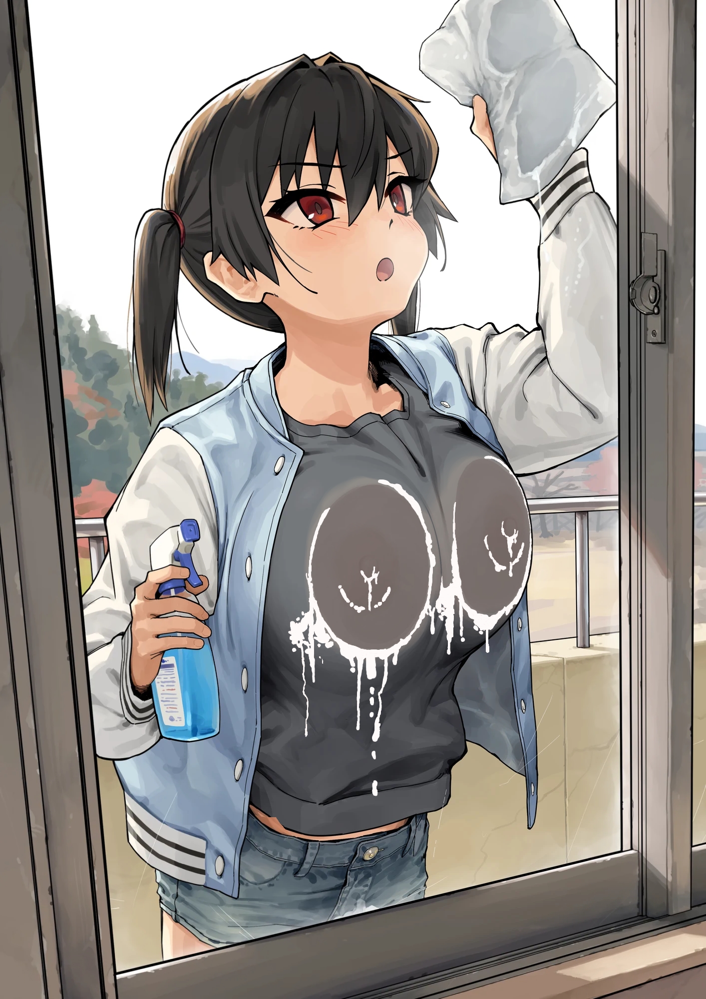 1girls, against glass, against wall, against window, alternate version available, big breasts, breasts, breasts against glass, busty, cleaning, clothed, clothing, cum, degeneracy, female, female focus, female only, gaki kyonyuu, grinning at viewer, hi res, jerkoff visual assistance, kaedeko (kaedelic), kanna sasaki (kaedeko), large breasts, looking at viewer, naughty face, navel, original, original character, pressing against glass, pressing breasts, public exposure, sexually suggestive, smile, teasing, voluptuous, window, young