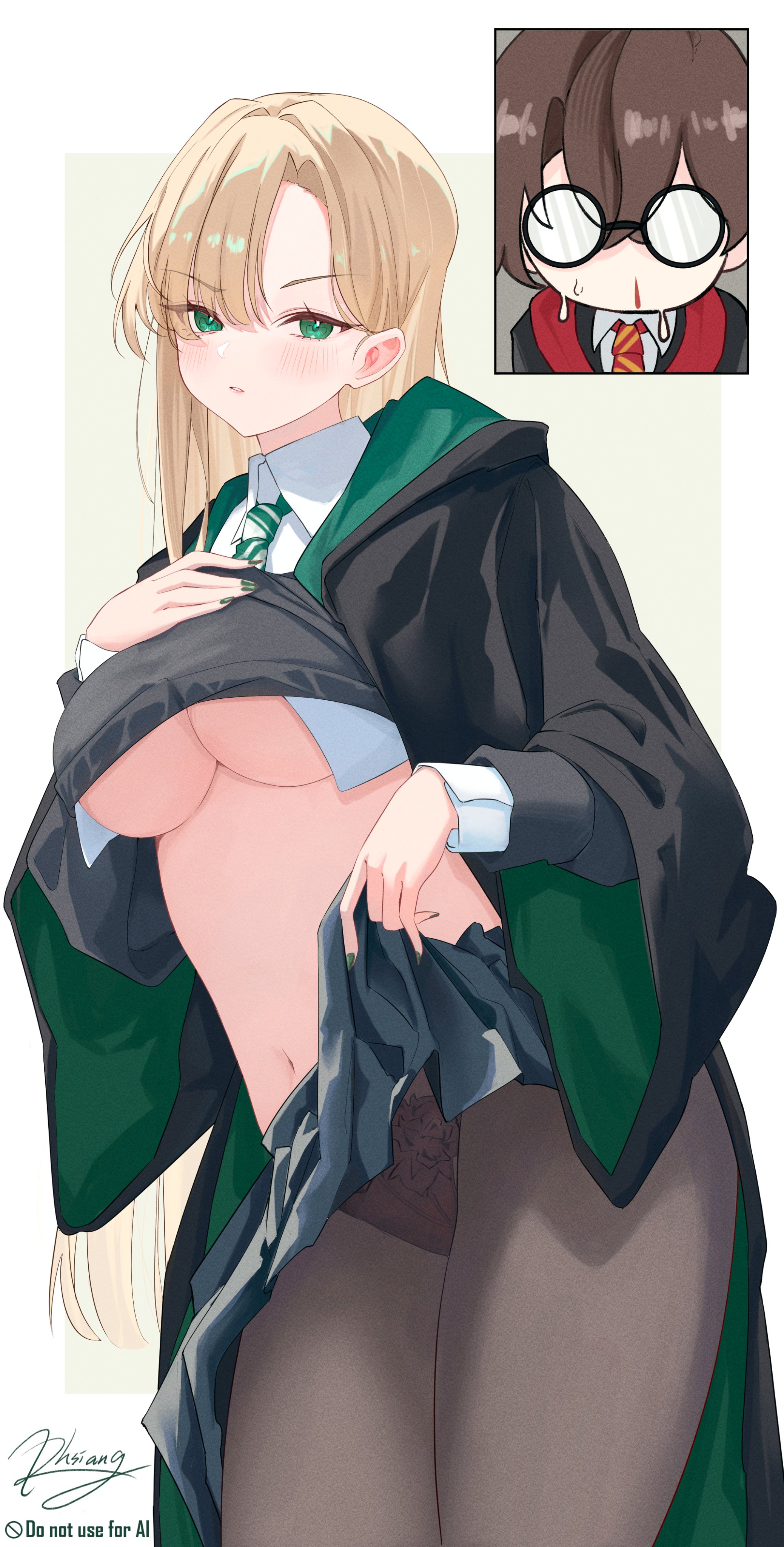 1boy, 1girls, artist request, breasts, draco malfoy, draco malfoy (redteneri), female, female focus, genderswap, harry james potter, harry potter, large breasts, light skin, light-skinned female, looking at viewer, panties, rule 63, school uniform, skirt, thick thighs, thighs, wide hips