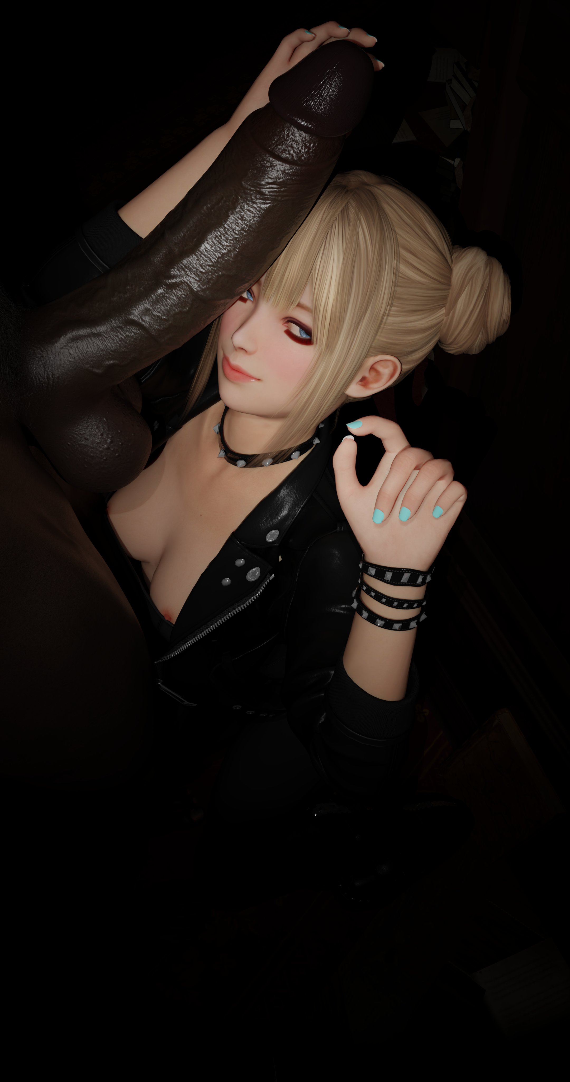 1boy, 1boy1girl, 1girl, asian, big penis, blonde hair, dark skin, dark-skinned male, dead or alive, interracial, leather clothing, male/female, marie rose, naked, naked male, pinching gesture, small penis gesture, small penis humiliation, tagme, tagme (artist)