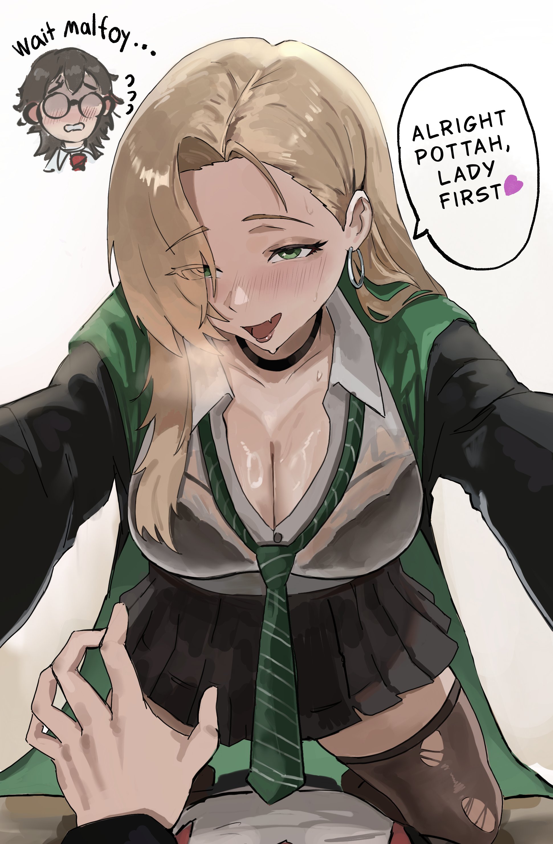 1boy, 1girl, absurdres, black bra, black hair, black robe, black skirt, black thighhighs, blonde hair, bra, breasts, cleavage, commentary, diagonal-striped clothes, diagonal-striped necktie, draco malfoy, draco malfoy (redteneri), earrings, english text, genderswap, genderswap (mtf), glasses, green eyes, green robe, harry james potter, harry potter, harry potter (series), hetero, highres, hogwarts school uniform, hoop earrings, jewelry, large breasts, long hair, looking at viewer, necktie, nemus0, pleated skirt, pov, pov hands, robe, school uniform, see-through clothes, see-through shirt, shirt, short hair, skirt, speech bubble, striped clothes, striped necktie, thighhighs, thighs, torn clothes, torn thighhighs, two-sided fabric, two-sided robe, two-tone robe, underwear, very long hair, wizarding world