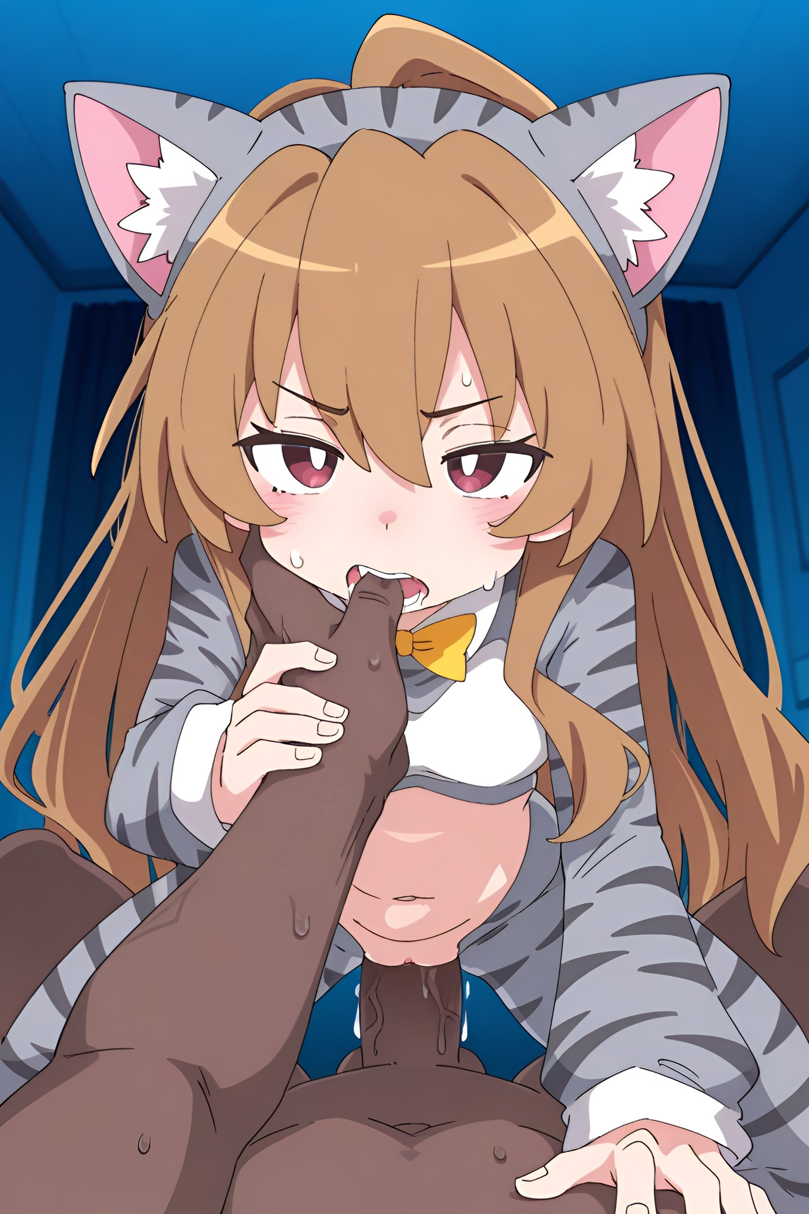 1boy, 1girl1boy, 1girls, ai generated, aisaka taiga, bedroom, bigduda, cat costume, cat ears, cheating, costume, cowgirl position, dark-skinned male, finger in another's mouth, finger in mouth, indoors, interracial, night, pov, pov eye contact, sex, toradora!, vaginal, vaginal penetration