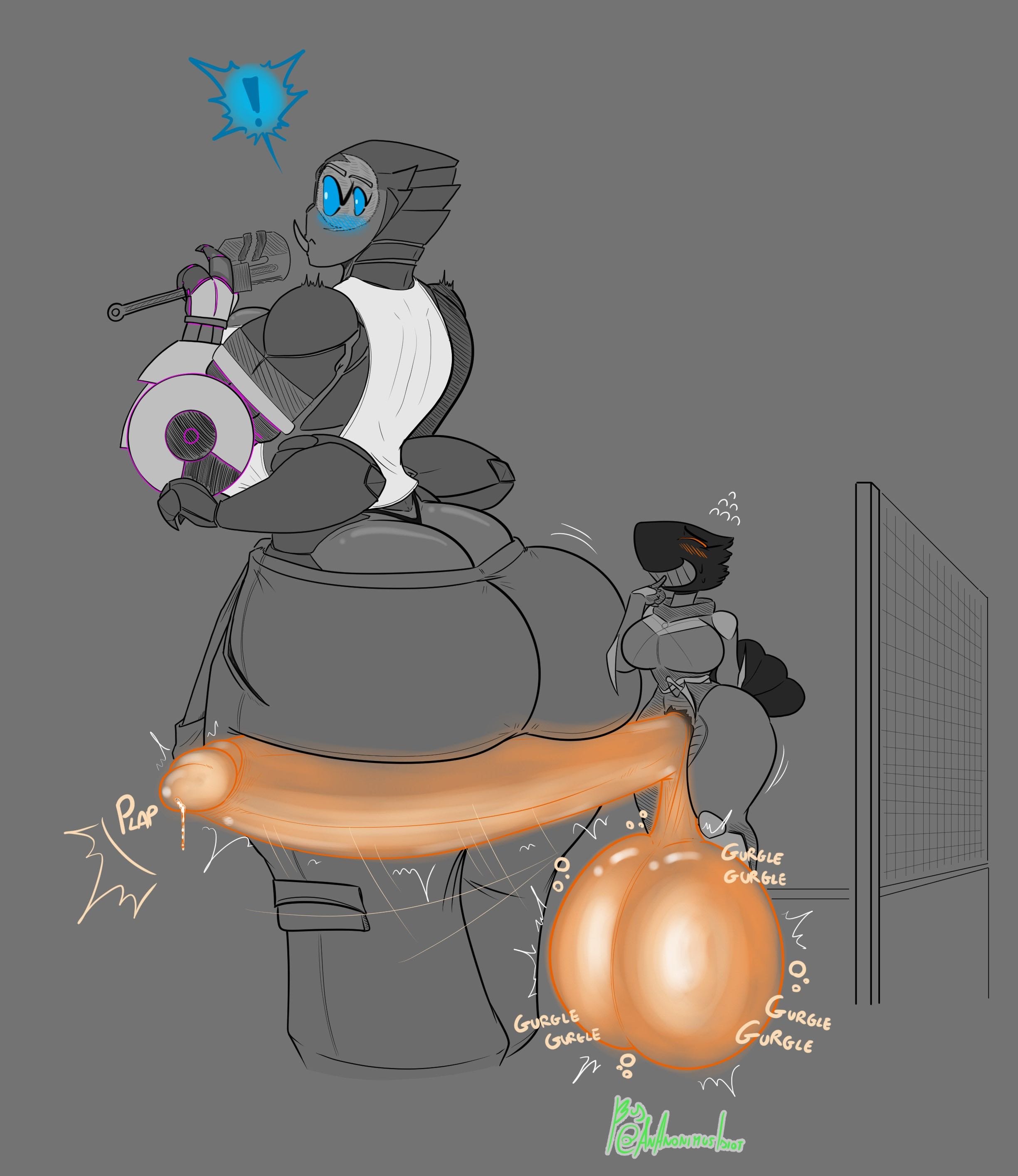 !, 1futa, 1girls, 2d, 2d (artwork), 4 arms, accidental exposure, alien, alien humanoid, ananonimusidiot, anthro, anthro on humanoid, ass, avian, baggy pants, balls, balls bigger than head, balls bigger than torso, balls sound effects, big breasts, bigger female, bird, black body, blush, blushing, bodysuit, breasts, bungie, clothed, clothing, cock, cock out, destiny (game), destiny 2, eliksni, erect penis, erection, exposed penis, fallen (destiny), female, finger to mouth, frankie (naughty skeleton), futa on female, futanari, giantess, gigantic ass, gigantic balls, gigantic cock, gigantic penis, glowing balls, glowing genitalia, glowing penis, gurgle, gurgling noise, holding object, holding wrench, huge ass, huge breasts, humanoid, humanoid on anthro, hyper balls, hyper cock, hyper genitalia, hyper penis, imminent sex, larger female, massive ass, massive balls, massive cock, massive penis, multi arm, multi limb, nervous, nervous expression, nervous face, nervous smile, nervous sweat, oc, onomatopoeia, orange balls, orange penis, original character, penis, penis bigger than body, penis on ass, penis out, precum, precum drip, slapping with penis, small but hung, smaller futa, smile, squinting, startled, surprise, surprised, surprised expression, surprised face, tank top, toothy grin, wardrobe malfunction, while working