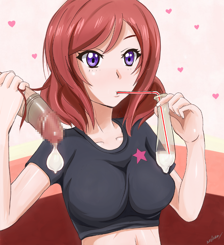 breasts condom cum drinking drinking_from_condom drinking_straw large_breasts love_live! love_live!_school_idol_festival love_live!_school_idol_project nestern nipples nishikino_maki penis purple_eyes red_hair short_hair