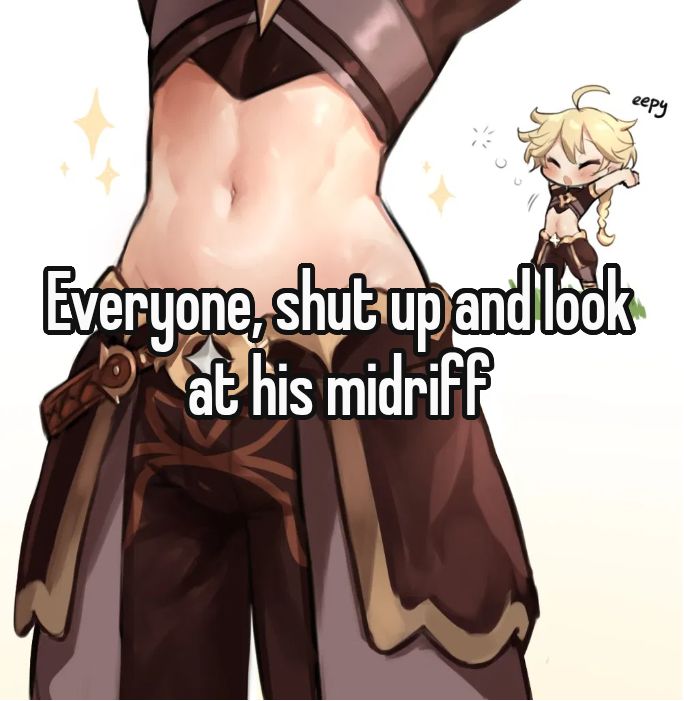 1boy, 1femboy, abdomen, aether (genshin impact), arms up, belly, belly button, blonde hair, blonde-haired male, btms666, curvy, femboy, genshin impact, happy, meme, meme reference, video game, video game character, video games, waist