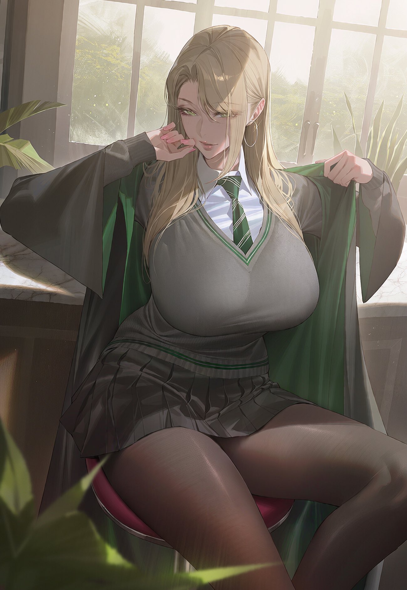 ai generated, anime style, artist request, bangs, blonde female, blonde hair, blonde-haired female, breasts bigger than head, child bearing hips, detailed background, draco malfoy, draco malfoy (redteneri), genderswap, green eyes, harry potter, heavy breasts, hourglass figure, hourglass figured female, huge breasts, large breasts, long hair, looking at viewer, mature, mature body, mature figure, mature woman, open cloak, pantyhose, posing, posing for the viewer, school girl, school uniform, schoolgirl, schoolgirl uniform, sfw, skirt, slim waist, tagme, teasing, teasing viewer, thick thighs, wide hips