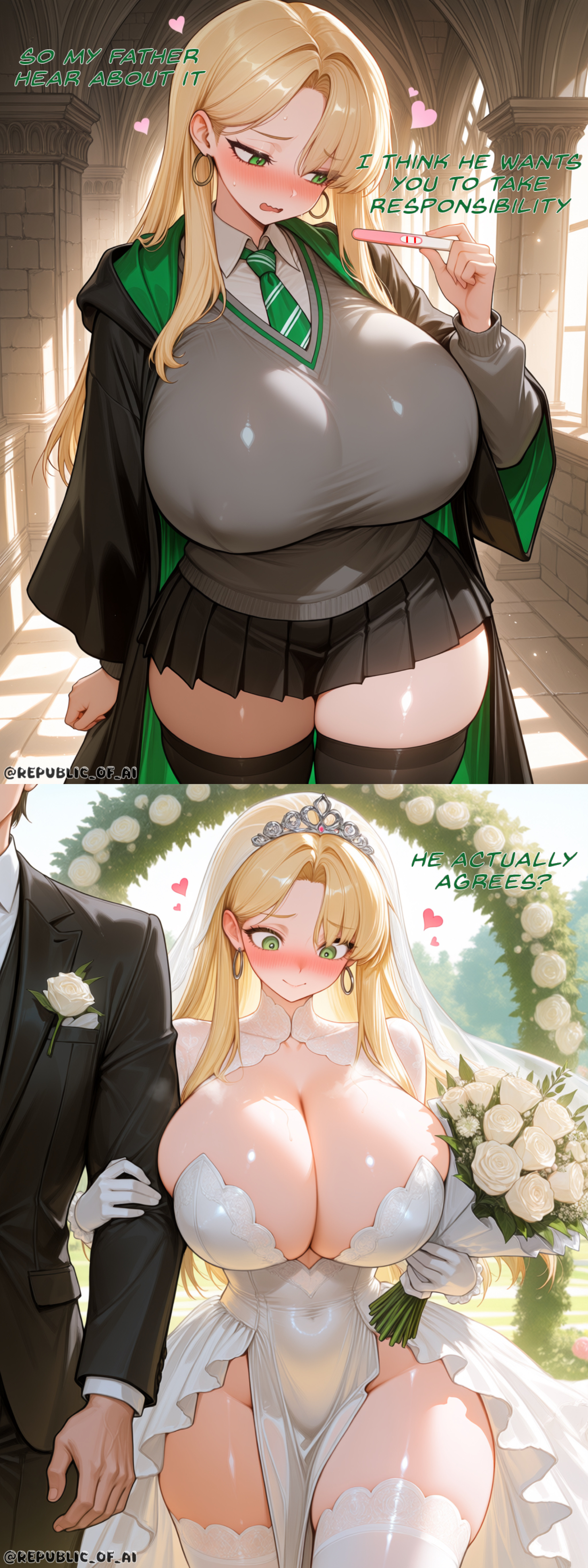 1male1female, ai generated, areolae visible through clothing, blonde, blonde female, blonde hair, blonde hair female, blush, blushing, bride veil, draco malfoy, draco malfoy (redteneri), edited, embarrassed, embarrassed expression, embarrassed female, english text, exposed cleavage, gender bender, genderbend, genderbent, genderswap, genderswap (mtf), harry james potter, harry potter, huge boobies, huge boobs, huge breasts, huge titties, large boobies, large boobs, large breasts, large tits, large titties, overflowing cleavage, pregnancy test, republic of ai, revealing outfit, rule 63, wedding, wedding veil, wholesome, wholesome end