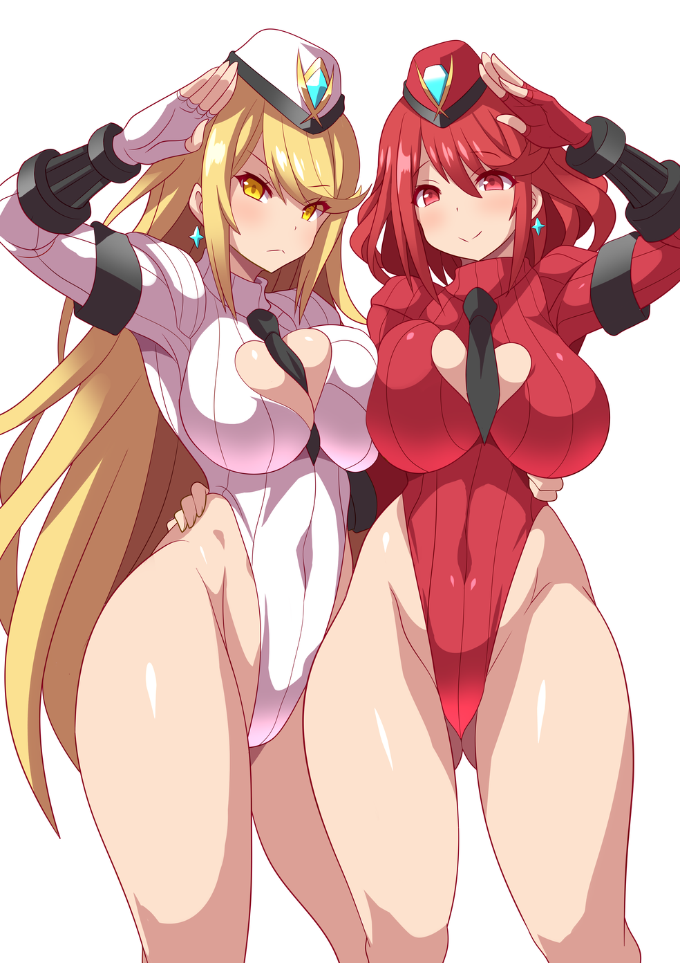 2girls alternate_costume anime_style bangs big_breasts black_clothes blonde_hair breasts busty cammy_white cammy_white_(cosplay) cleavage cleavage_cutout cosplay curvaceous curvy deep_skin earrings enemy_conversion eyes_visible_through_hair female female_only fingerless_gloves frown gloves gluteal_fold hair_ornament heart_cutout highres hourglass_figure huge_breasts jewelry konno_tohiro large_breasts latex leotard long_hair looking_at_viewer multiple_girls mythra necktie nintendo pose pyra red_eyes red_hair salute shadaloo_dolls shiny shiny_clothes shiny_hair shiny_skin short_hair smile standing street_fighter swept_bangs tareme thick_thighs thighs tsurime very_long_hair voluptuous wide_hips xenoblade_(series) xenoblade_chronicles_2 yellow_eyes