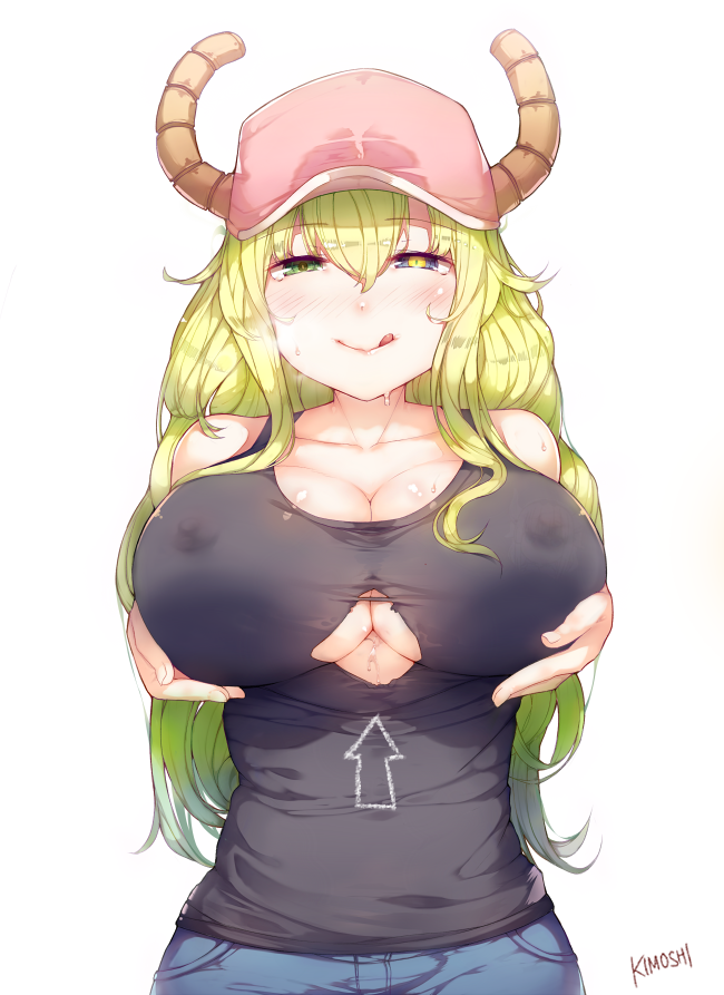 1girls :q areolae bare_shoulders baseball_cap blonde_hair blue_eyes blush breast_grab breast_hold breasts cleavage deru06 directional_arrow dragon dragon_girl dragon_horns erect_nipples female female_only gradient_hair green_eyes green_hair hat heterochromia horns large_breasts long_hair looking_at_viewer miss_kobayashi's_dragon_maid multicolored_hair no_bra paizuri_invitation quetzalcoatl_(dragon_maid) simple_background smile solo sweat tank_top tongue tongue_out underboob_cutout white_background