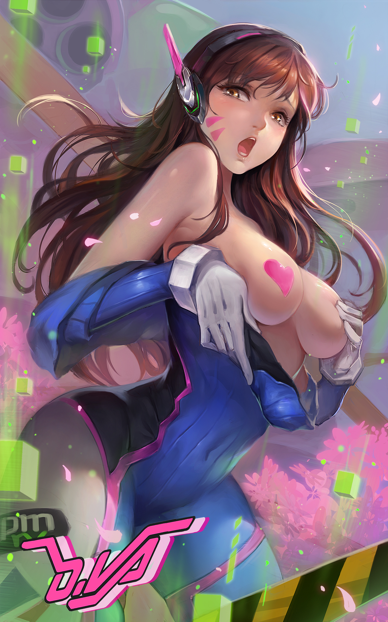 1girls, blizzard entertainment, blush, bodysuit, breasts, brown eyes, brown hair, censored, character name, covering nipples, cube, d.va, embarrassed, facepaint, facial mark, female, female only, gloves, headphones, heart, heart censor, highres, human, karasu kame ex, large breasts, long hair, open mouth, overwatch, pasties, pilot suit, solo, text, undressing, whisker markings, white gloves