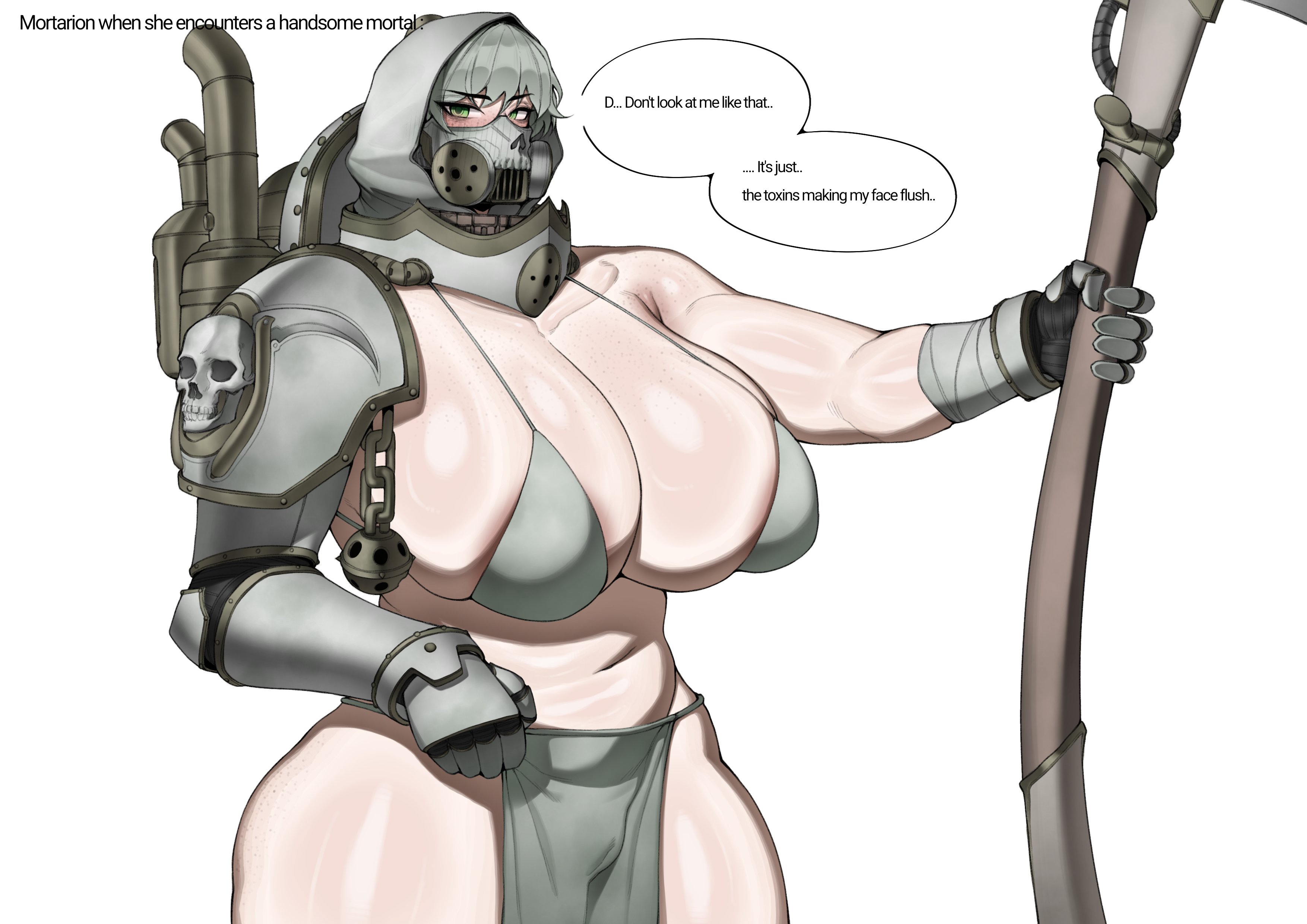1girl, 1girls, 2d, 2d (artwork), 2d artwork, armor, armored female, armored gloves, artist request, belly, big breasts, bikini, bikini top, blush, blushing, breasts, covered pussy, curvaceous, curvaceous figure, curvy, curvy body, curvy female, curvy figure, death guard, english, english text, female, female focus, female only, games workshop, gas mask, gasmask, genderbend, genderswap, gloves, green eyes, hi res, high quality, high resolution, highres, hips, holding, holding object, holding scythe, holding weapon, hood, hood up, large breasts, light skin, light-skinned female, loincloth, looking at viewer, mask, masked, masked female, metal collar, mortarion (warhammer 40k), partially armored, primarch, rule 63, scythe, simple background, skindentation, skull, skull mask, solo, solo female, solo focus, text, text box, text bubble, thick thighs, thighs, tsundere, warhammer (franchise), warhammer 40k, white background, wide hips