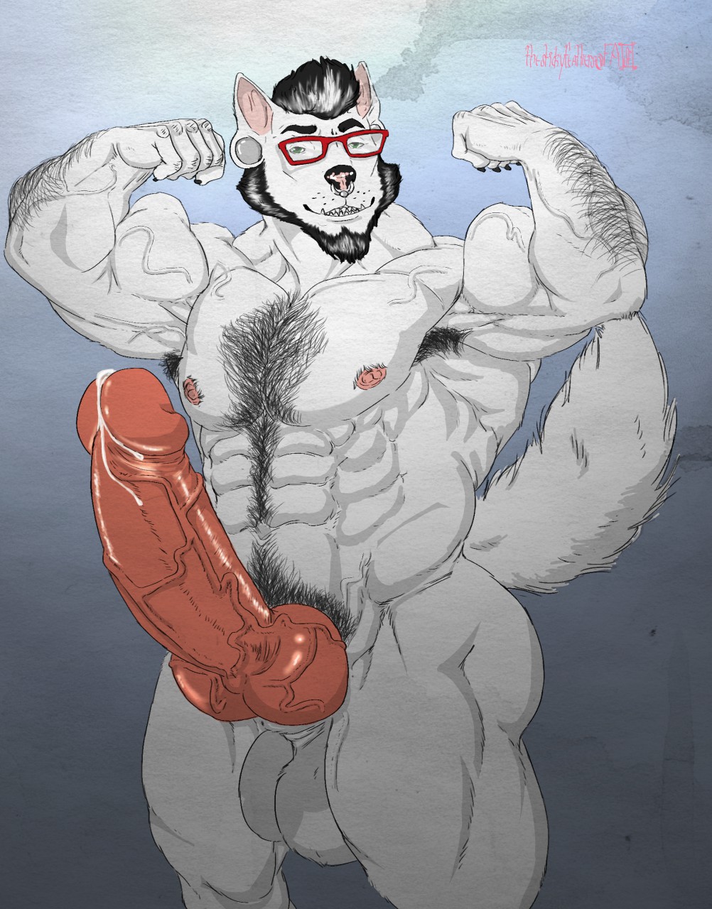 anthro beard canine erection facial_hair flexing hyper hyper_penis knot looking_at_viewer male male_only mammal muscular penis smile solo stickyfeathers testicles