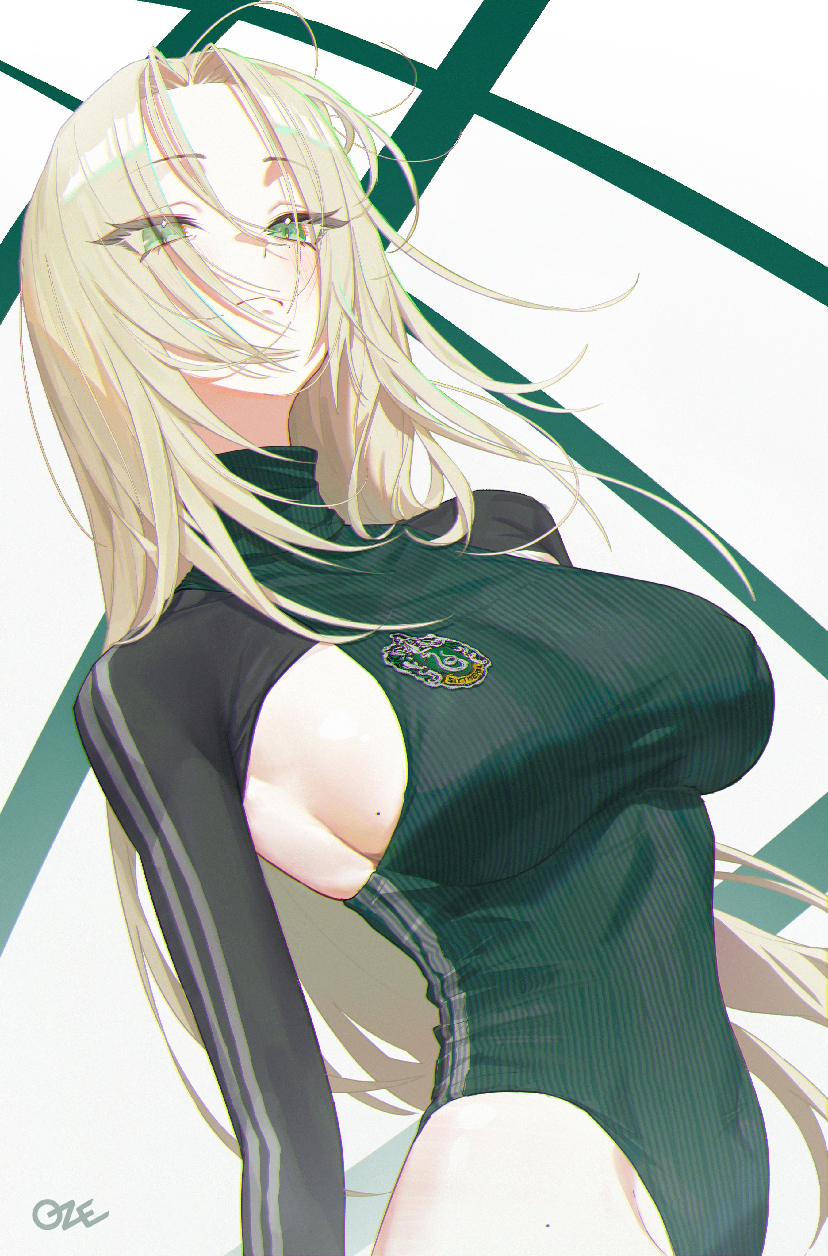 1girls, artist request, breasts, draco malfoy, draco malfoy (redteneri), female, female focus, female only, genderswap, girls, harry potter, hi res, large breasts, leotard, light skin, light-skinned female, looking at viewer, rule 63, shrug (clothing), thick thighs, thighs, wide hips